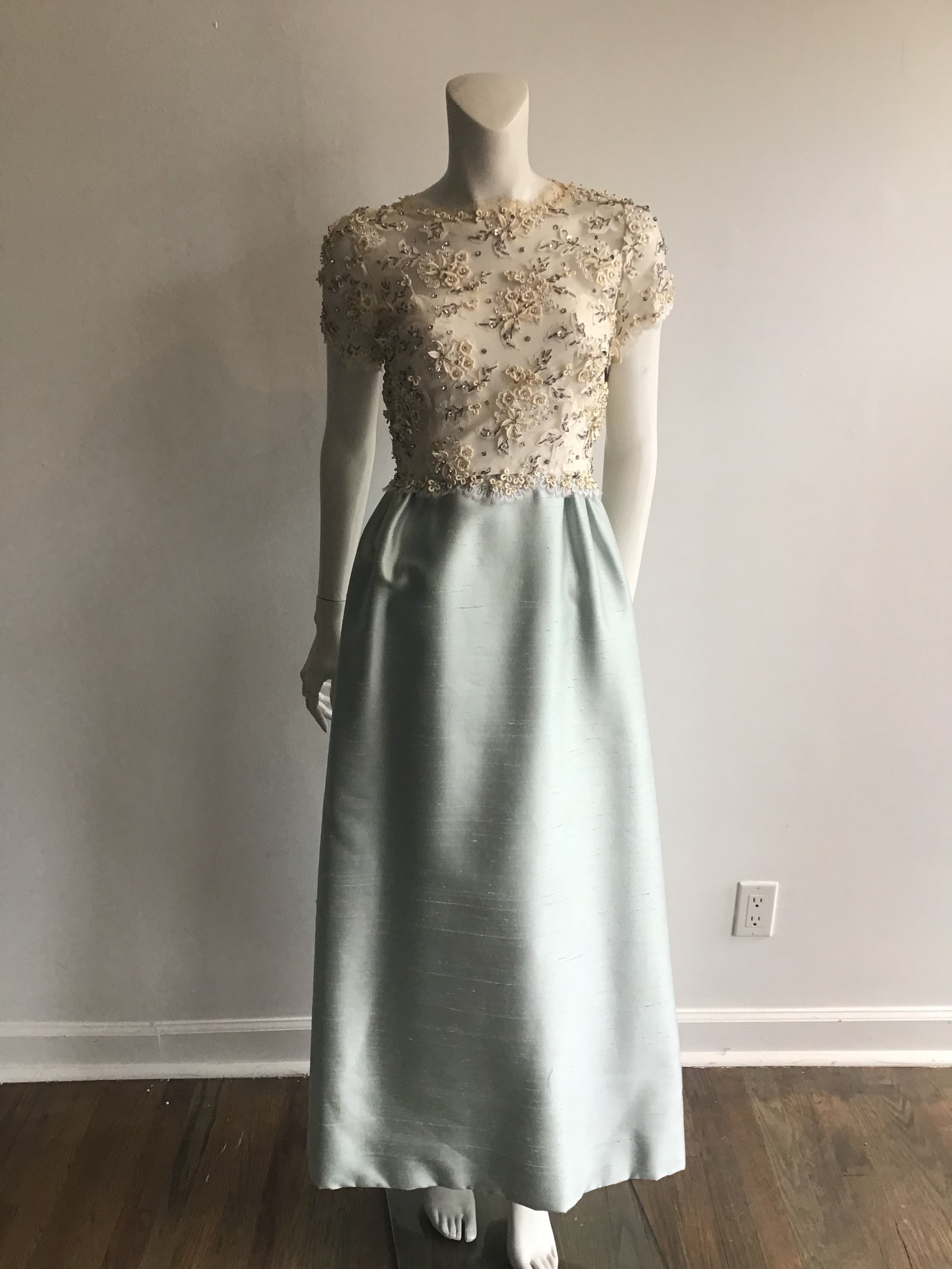 1960s Mat Kaplan Cream Lace and Light Blue Silk Shantung Beaded Evening Gown-size 6