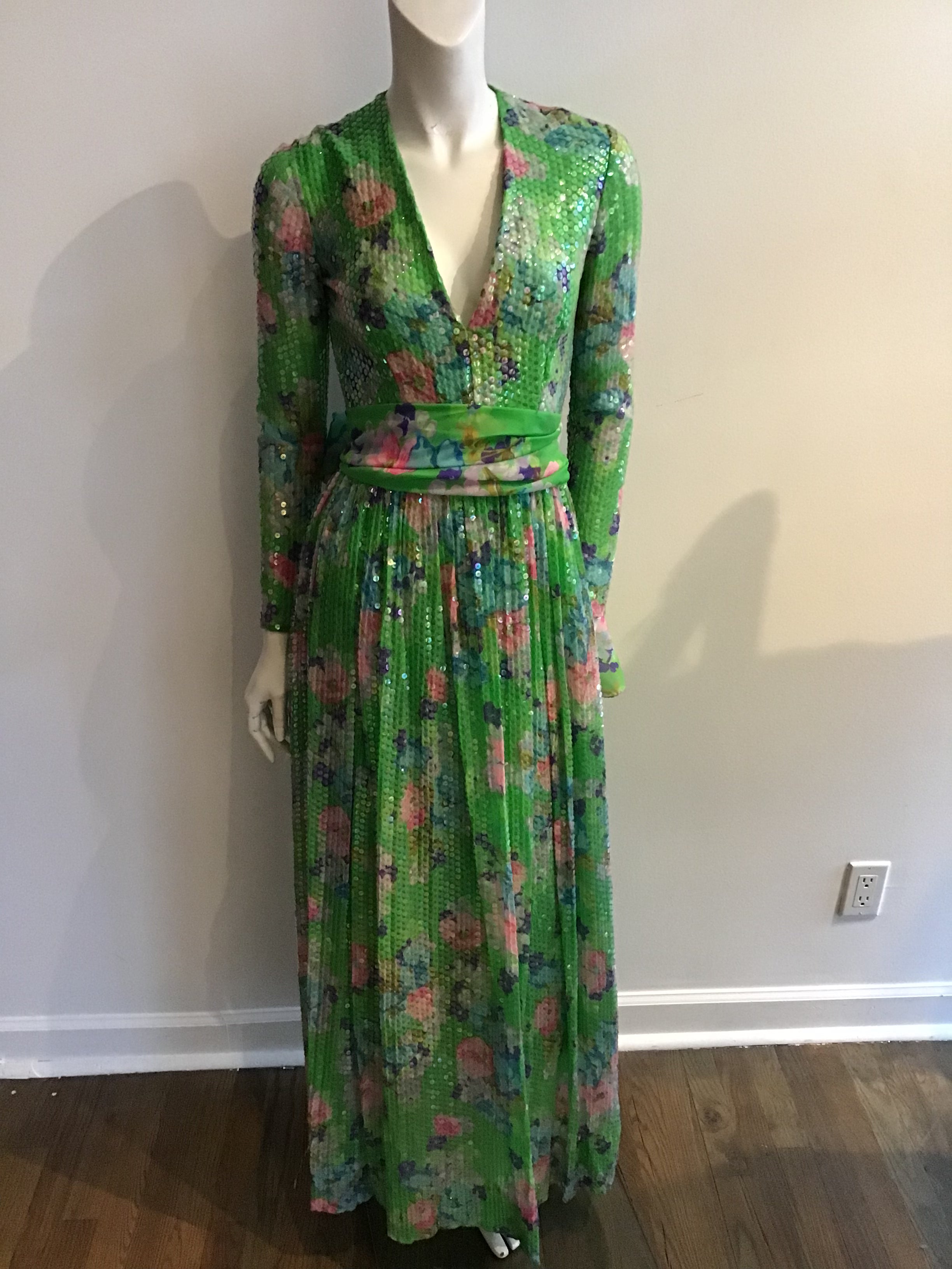 1960's Green Floral  Sequined Silk Chiffon Evening Gown-4/6