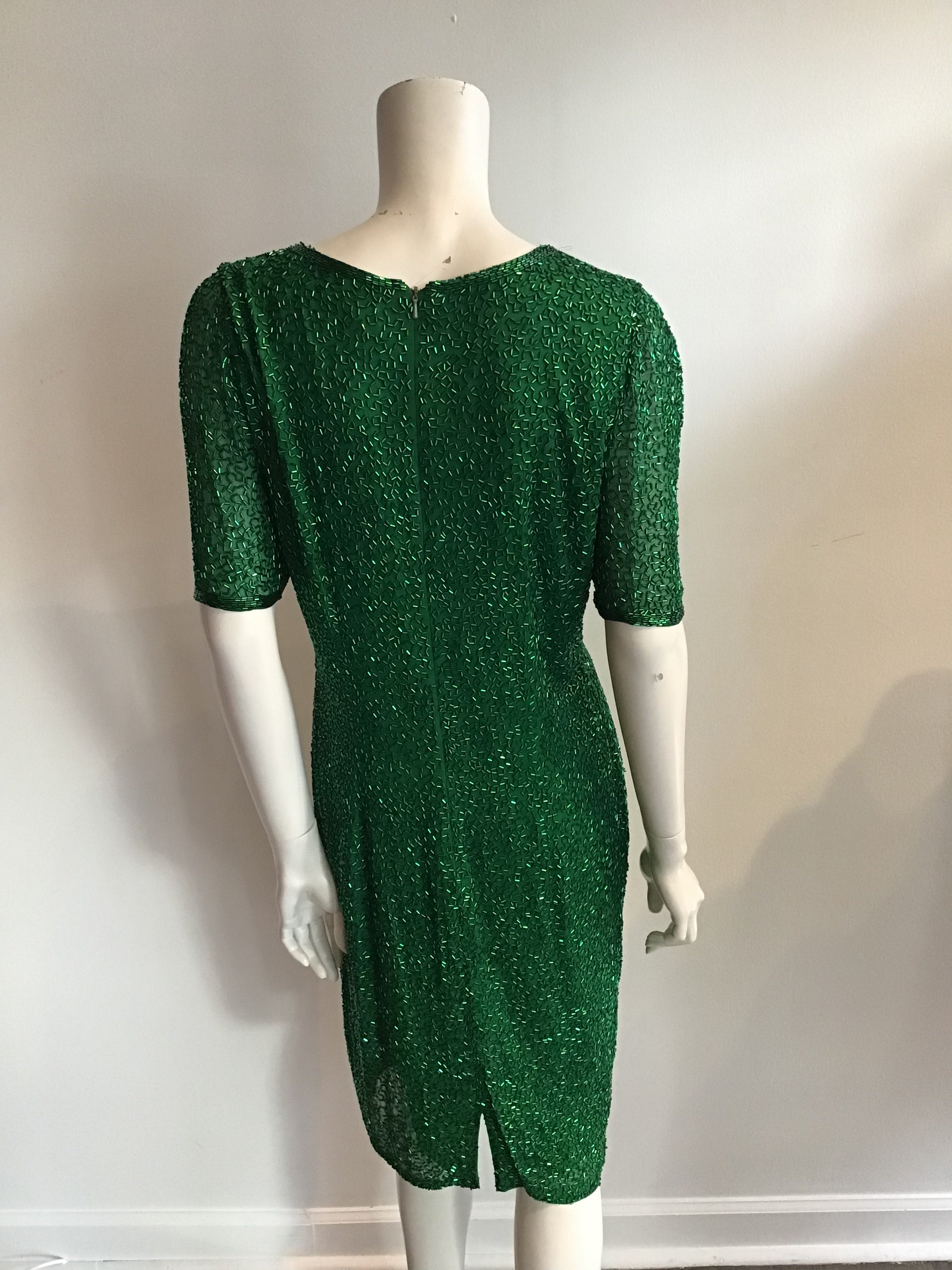 Emerald green bugle beaded coctail dress Oleg Cassini 1980s