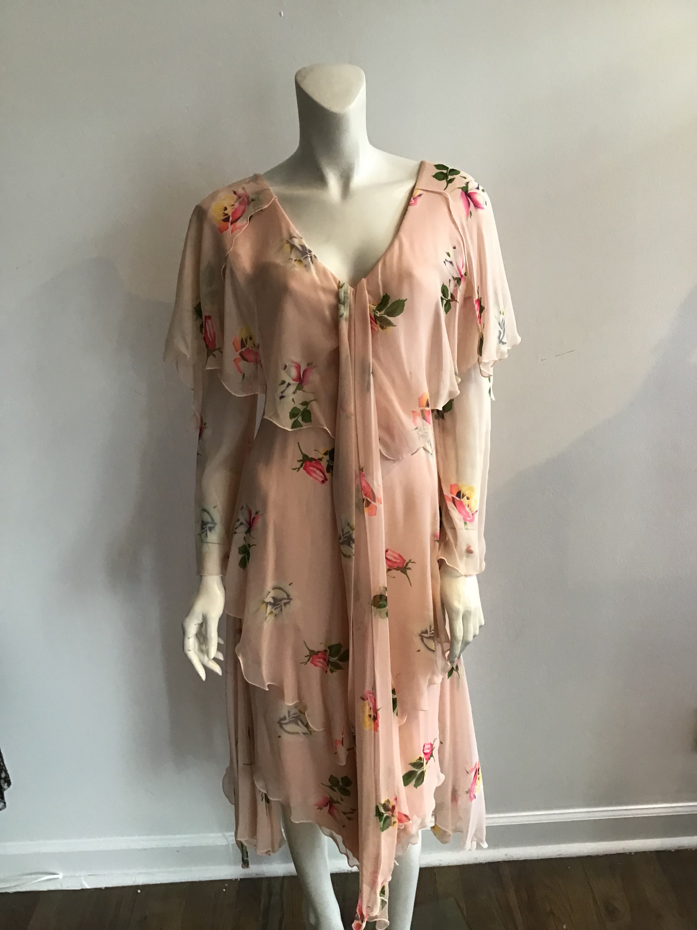 1980's Holly Harp Silk Chiffon Pink Floral Tiered Dress Size 8/9