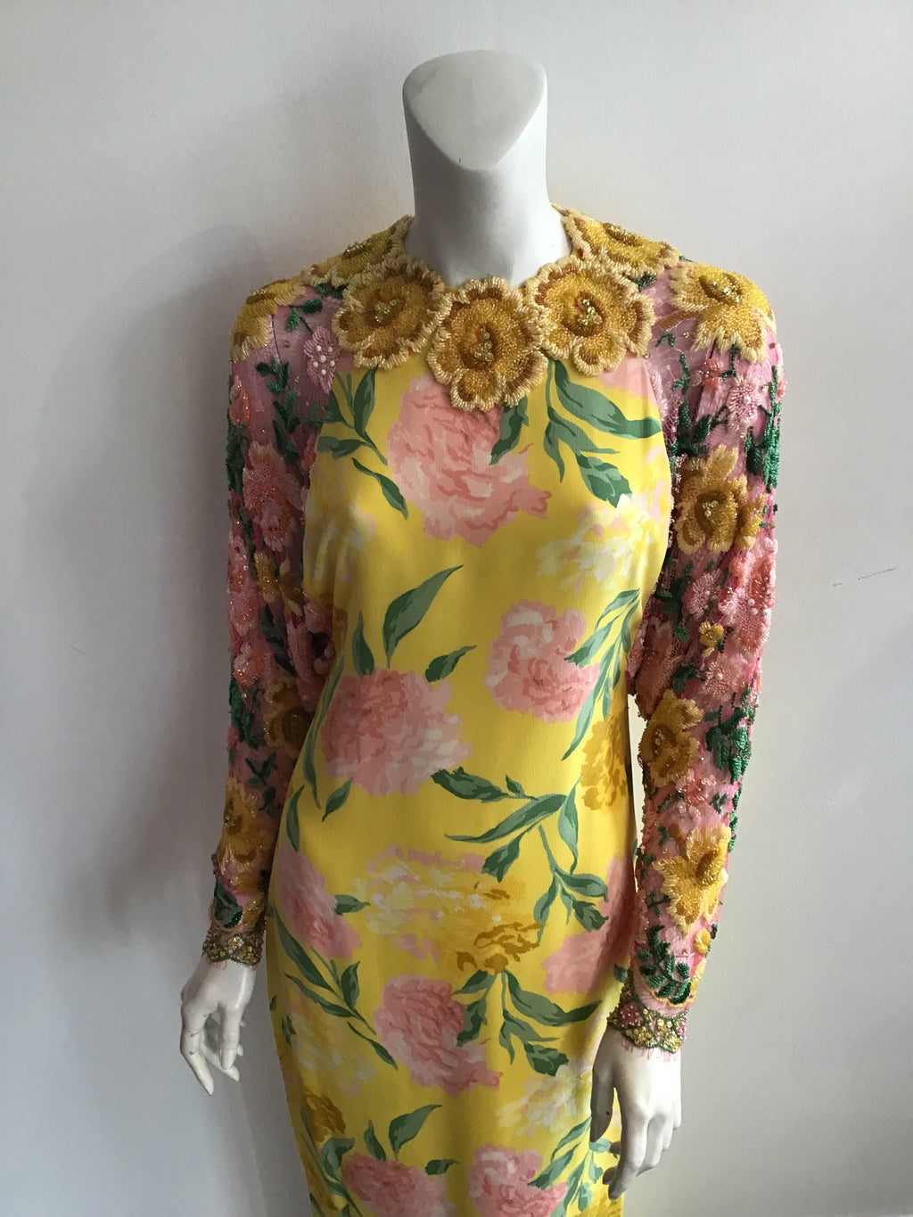 1980s Galanos Yellow Printed Evening Gown