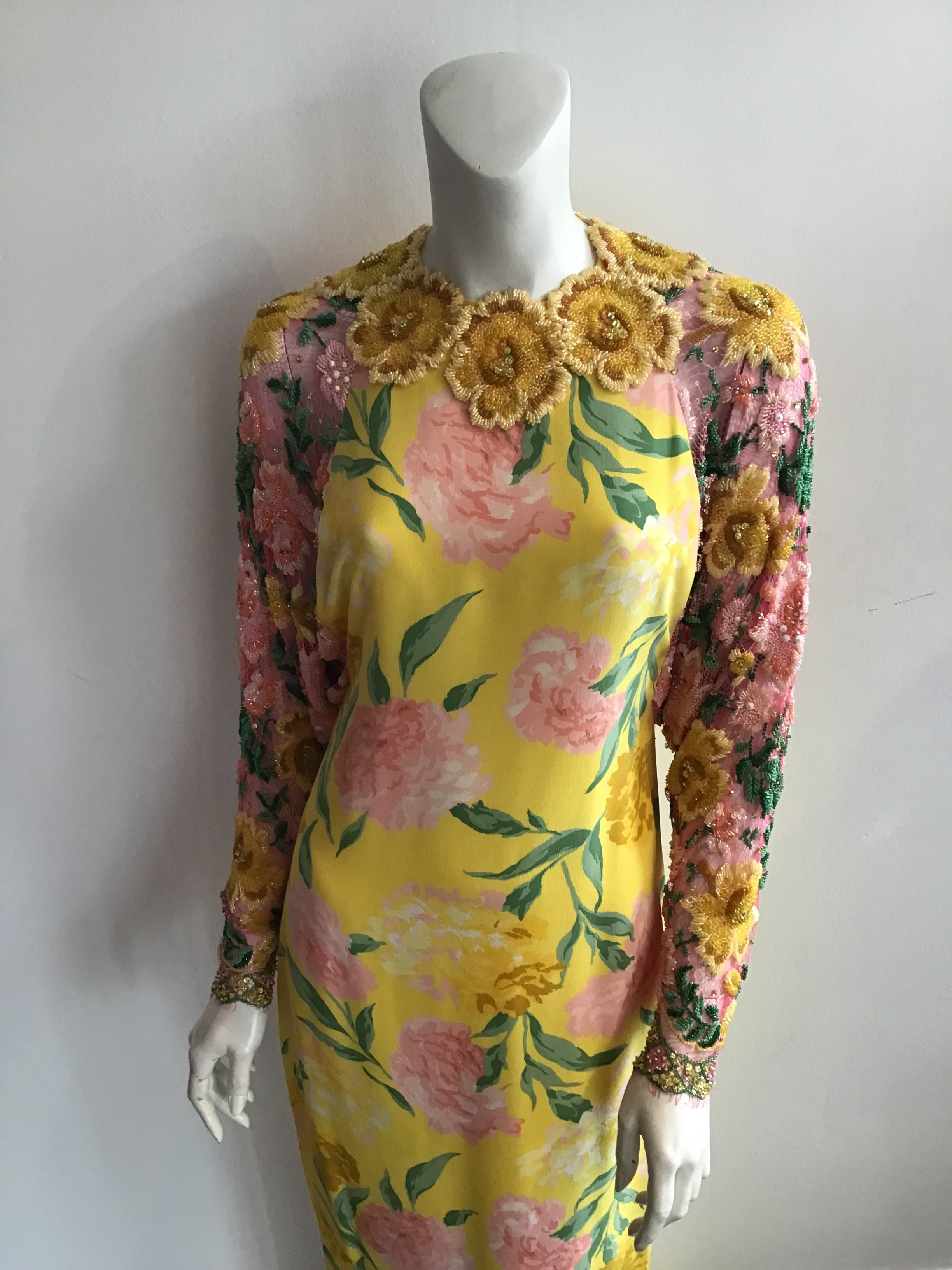 1980s Galanos Yellow Printed Evening Gown