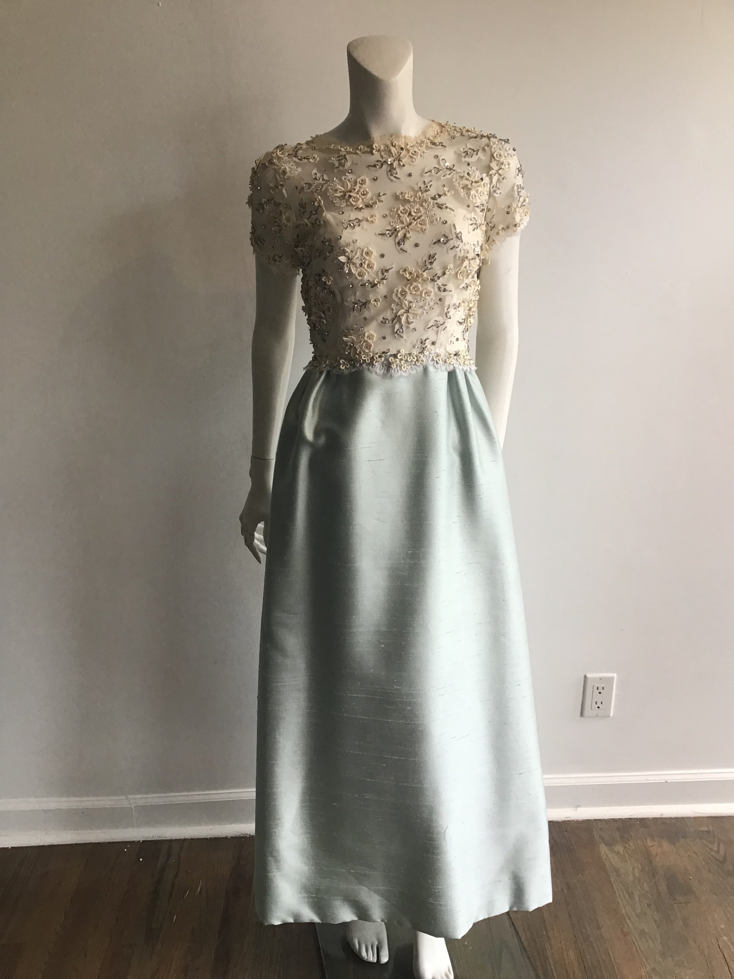 1960s Mat Kaplan Cream Lace and Light Blue Silk Shantung Beaded Evening Gown-size 6