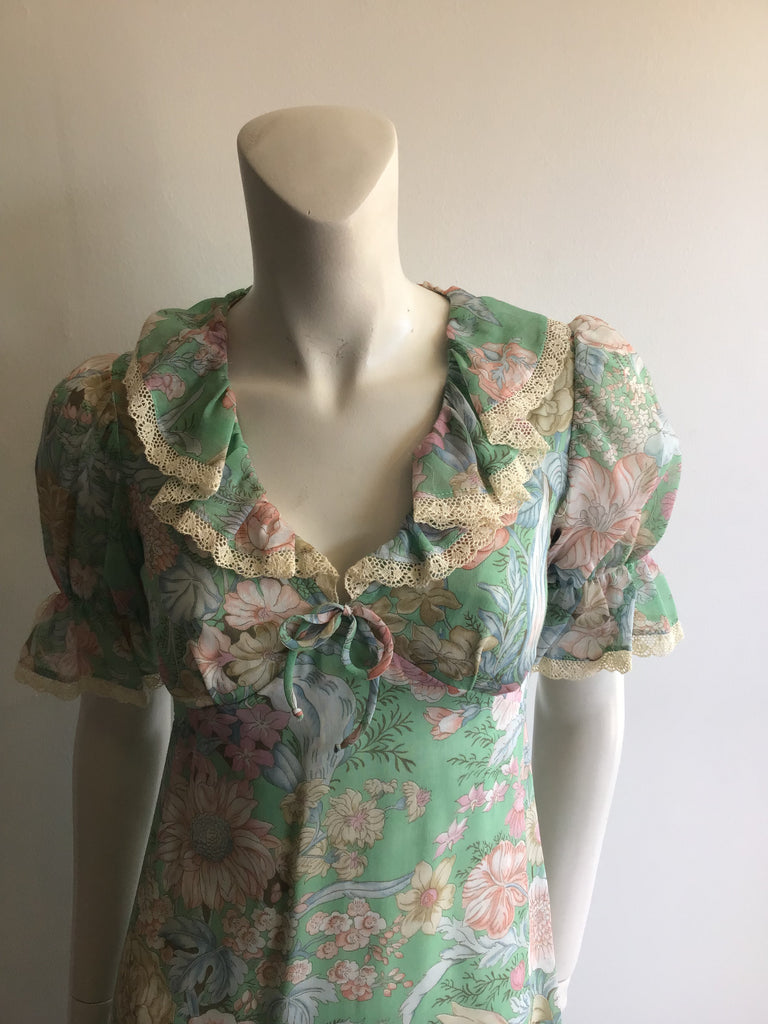 1970's Mint Green Floral Polyester  Prairie Dress size 2-4