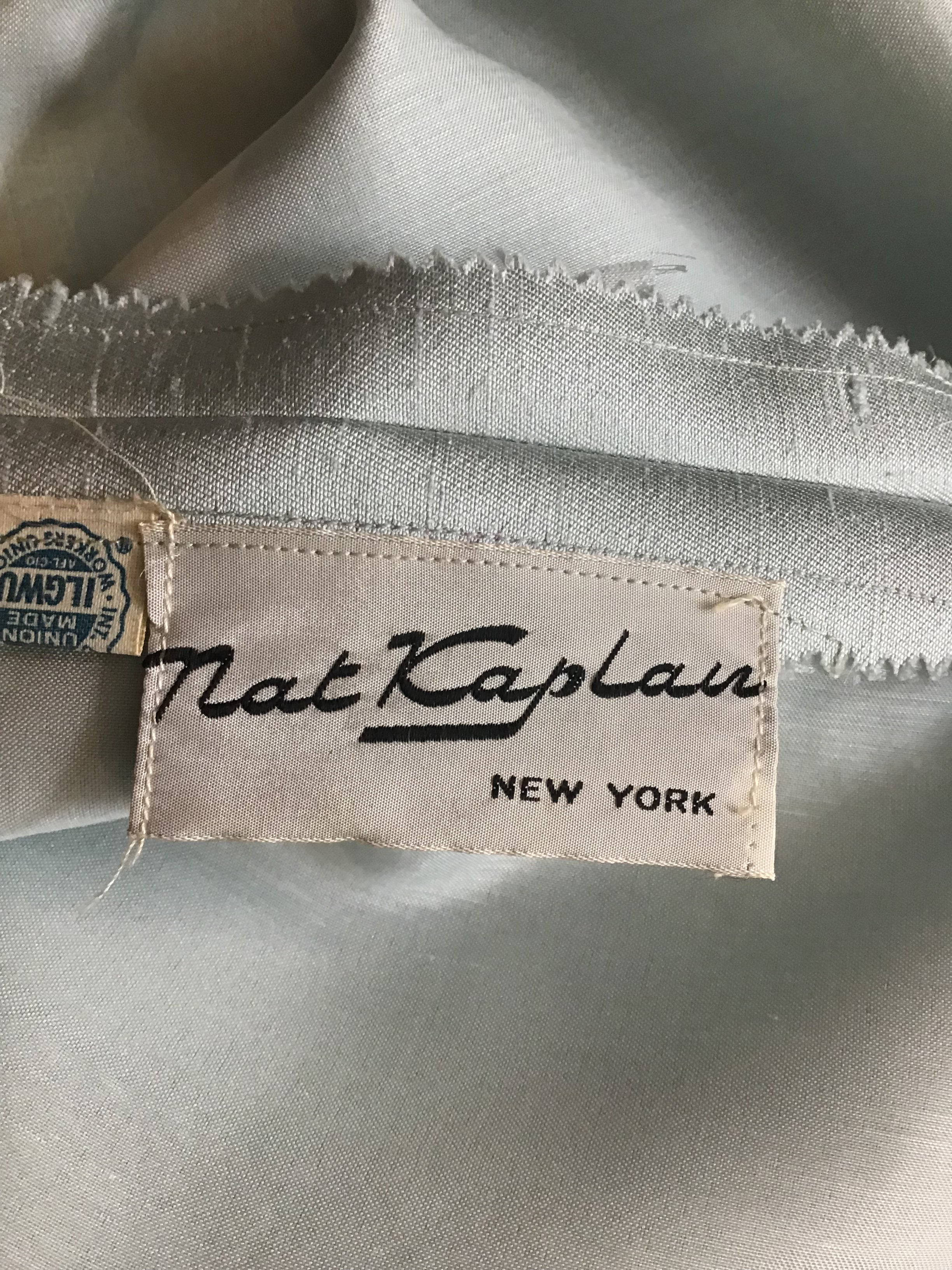 1960s Mat Kaplan Cream Lace and Light Blue Silk Shantung Beaded Evening Gown-size 6