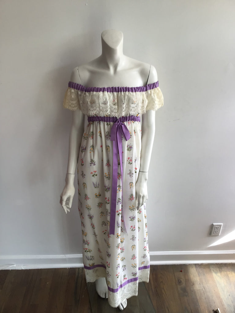 1970s White Cotton with Flowers Maxi Dress