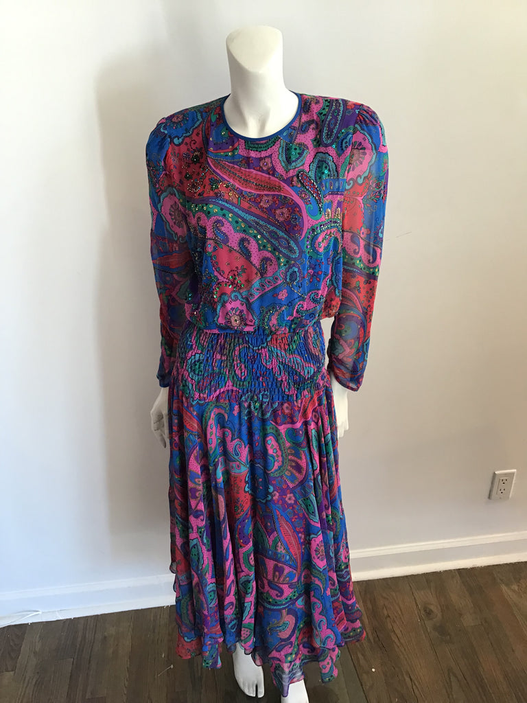 1980s Diane Freis Blue and Pink Chiffon Maxi Dress