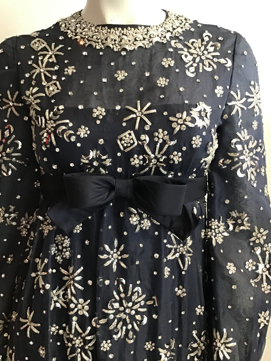 1960s  Blue Organza beaded Evening Gown-2/4