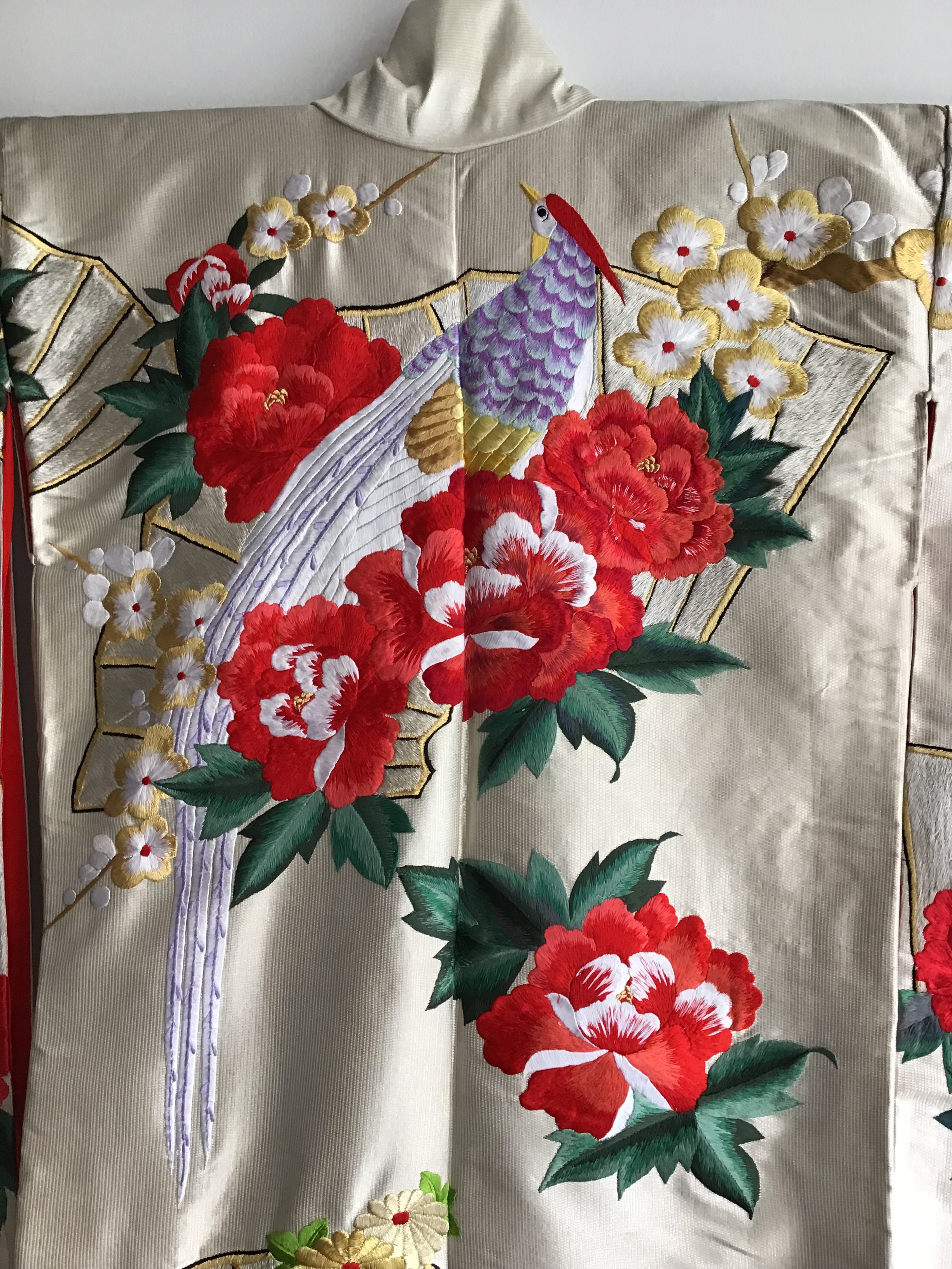 1960s Red Peonies,Birds Handembroidered Silk Kimono