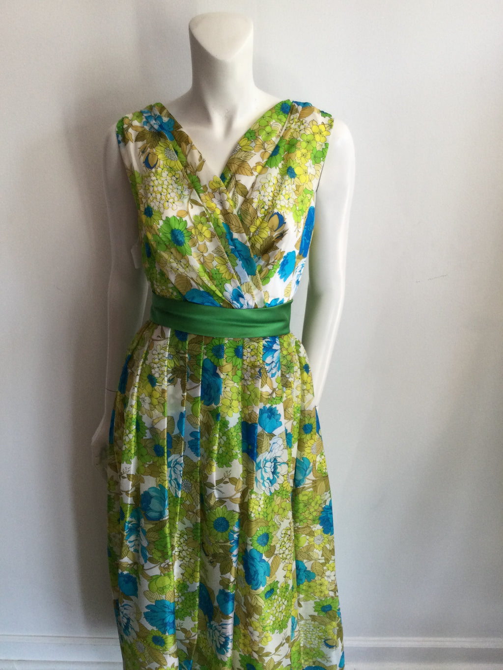 1960s Blue and Yellow Floral  Polyester Printed long Dress-size 7/8