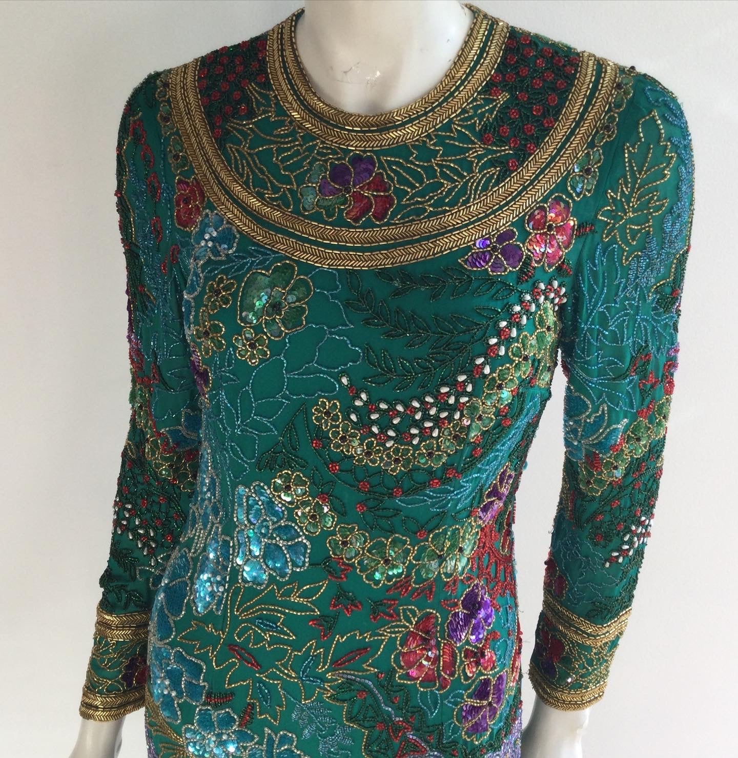 1980's Naeem Khan Silk on Silk Green/Multicolored Chiffon Beaded Gown Size 8