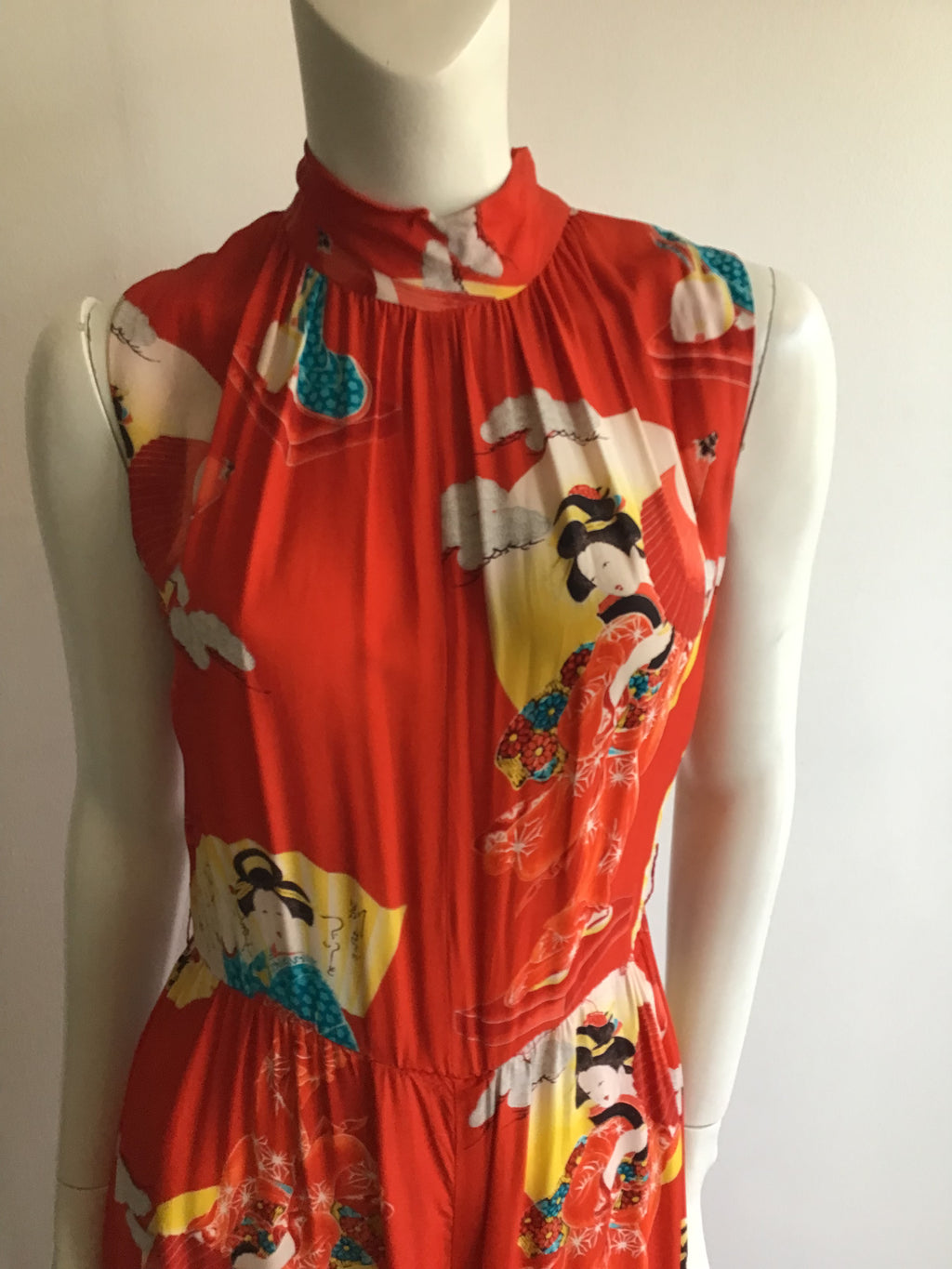 1960s Red Geisha Print Silk Jumpsuit size 7/8