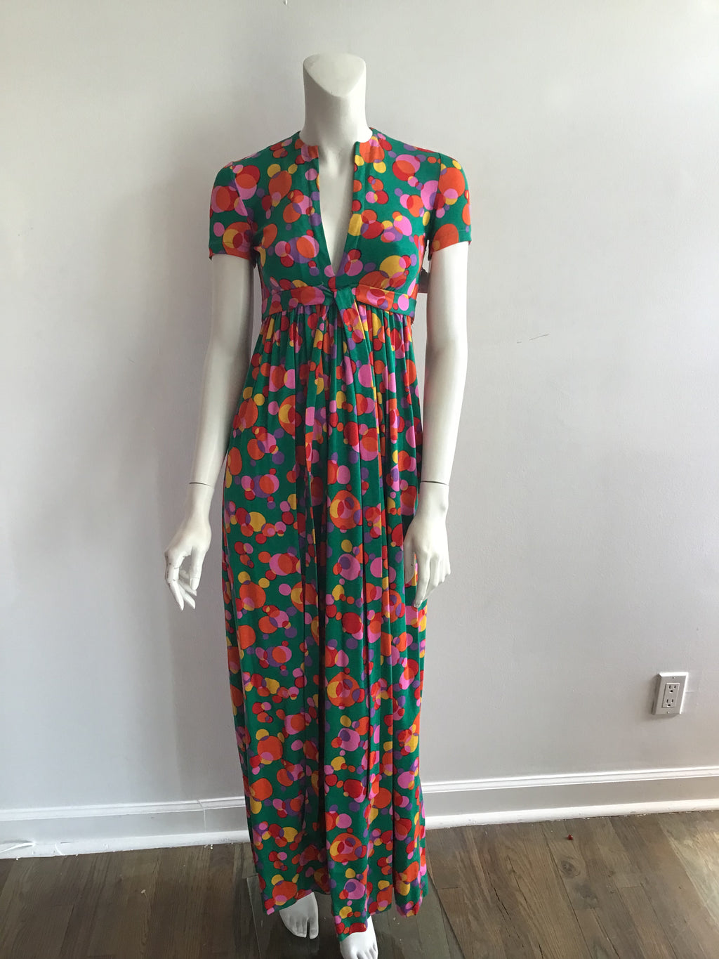 Late 1960's Printed Jersey Mulitolored Maxi Dress-4