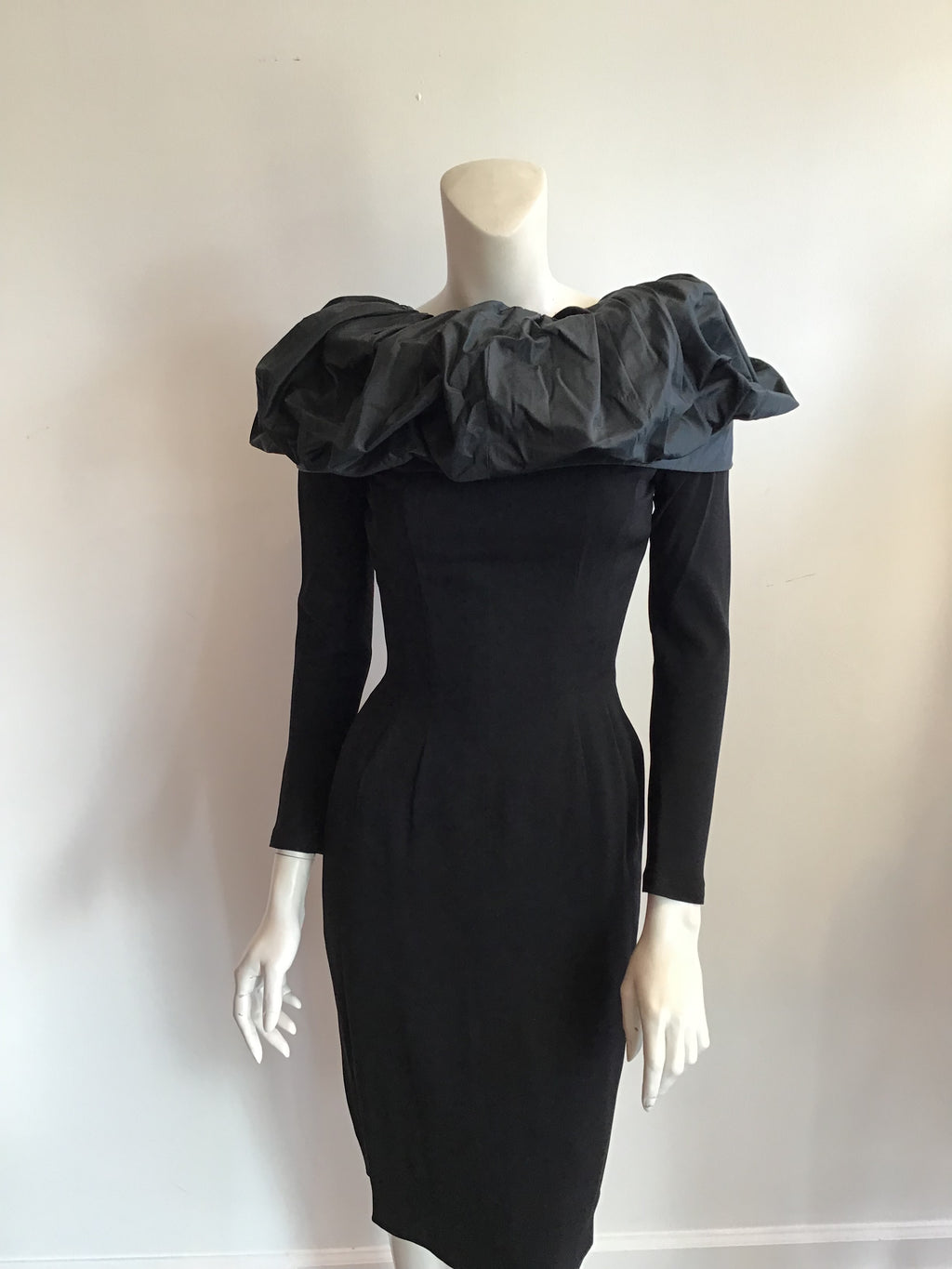 1950s Georgette Trilere Black Silk Jersey with silk trim cocktail dress