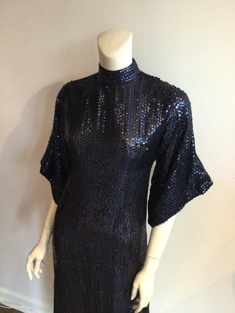 1970s Navy  Blue Sequined Molly Parnis gown