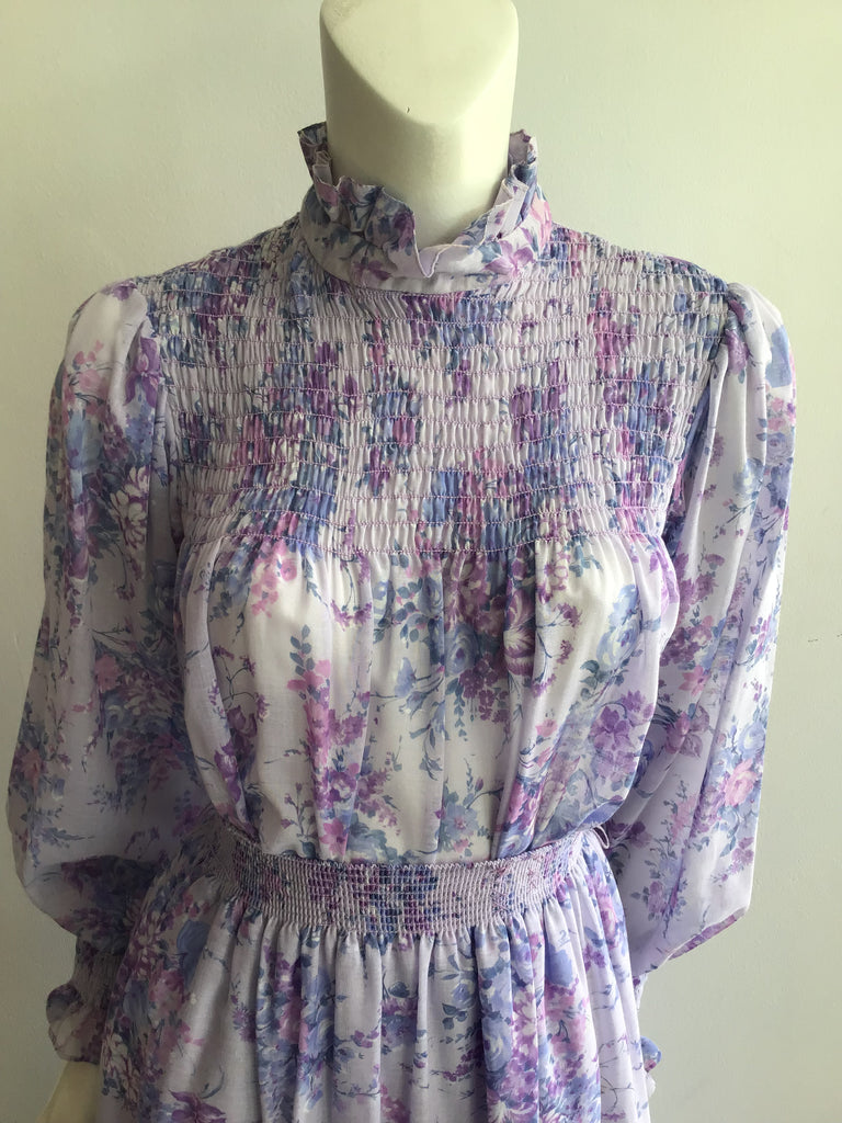 1970's Lavender Floral Polyester Chiffon Maxi Dress size 4-8