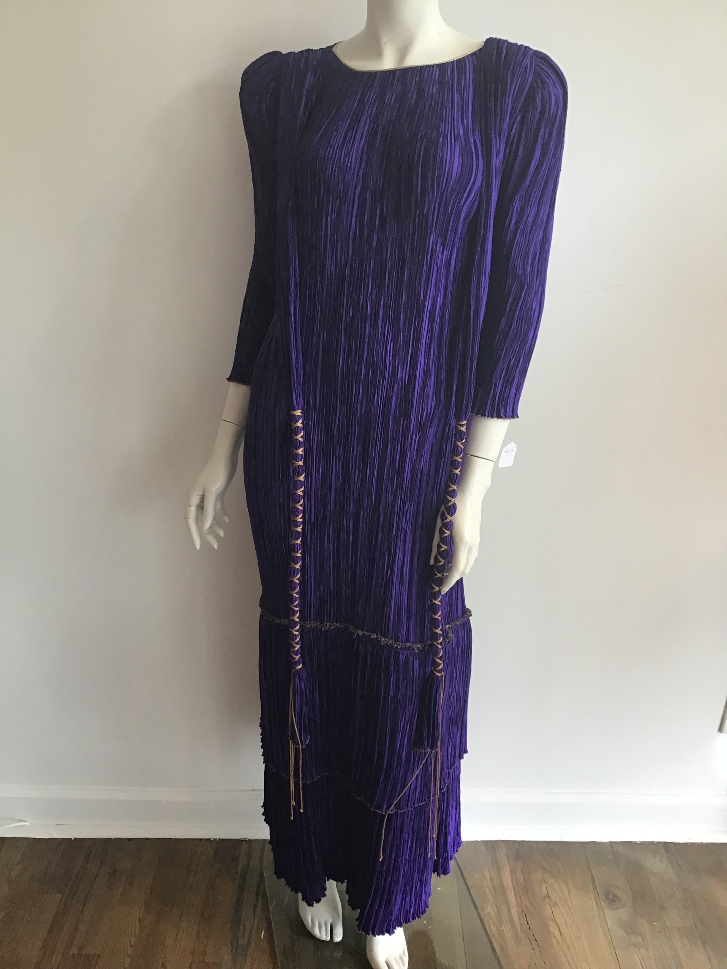 1980's Mary McFadden Couture Royal Purple Silk Pleated Gown with gold detailling -size 6