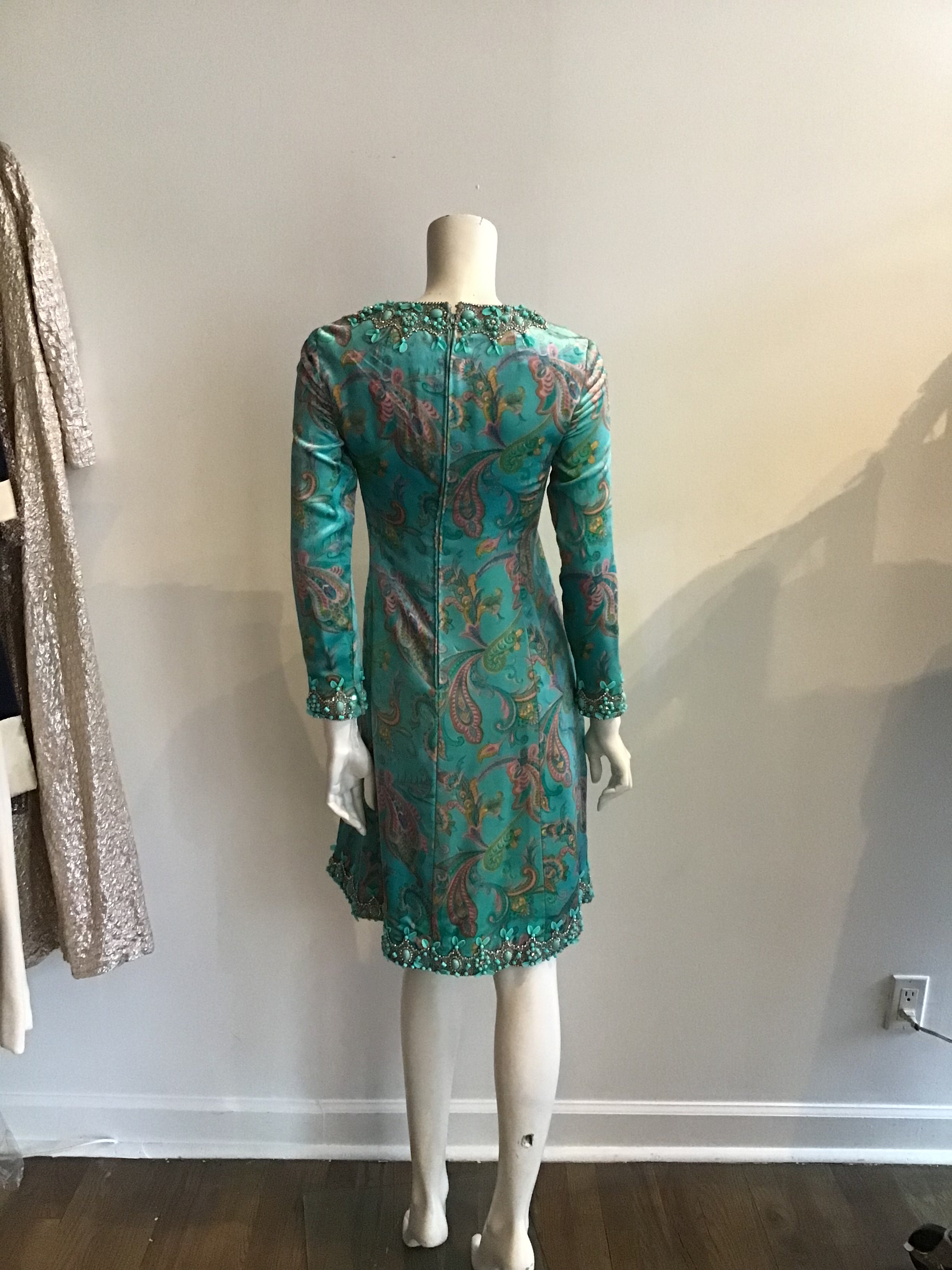 1960's Aqua Paisley Silk Printed  Velvet with beading  2pc Ensemble -size5/6