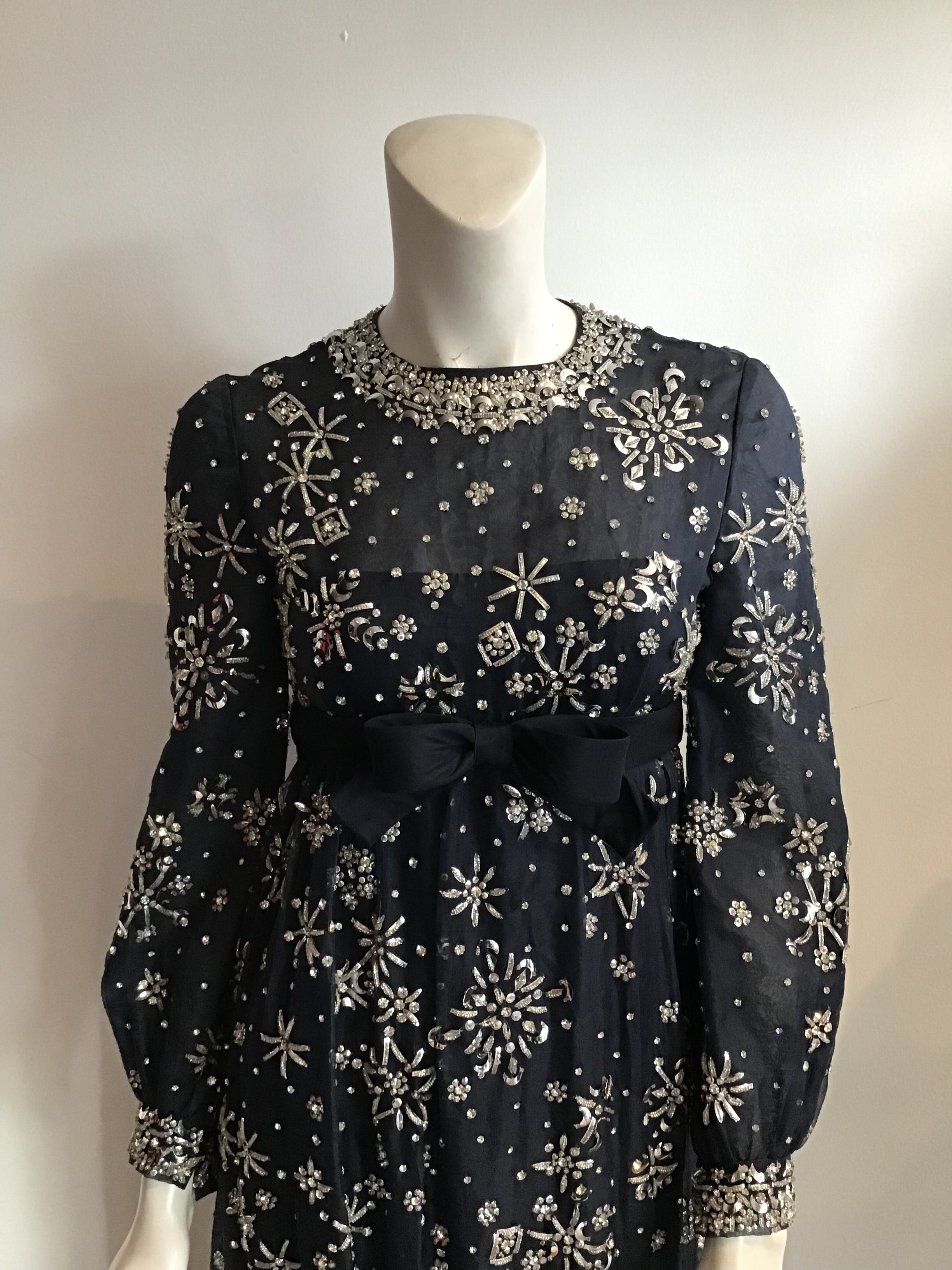 1960s  Blue Organza beaded Evening Gown-2/4