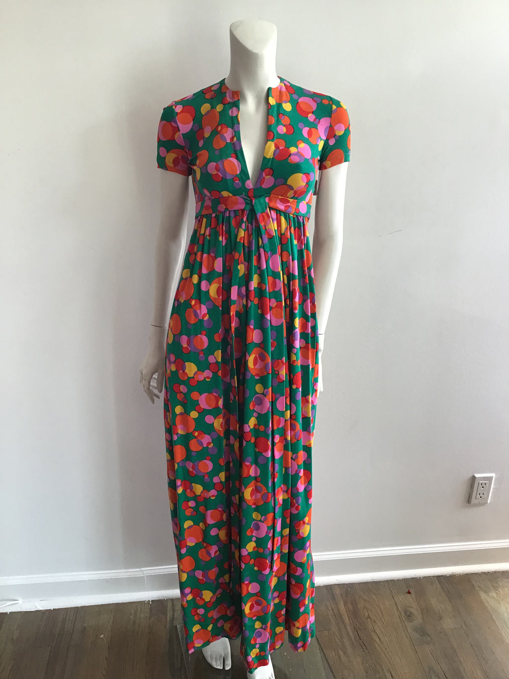 Late 1960's Printed Jersey Mulitolored Maxi Dress-4