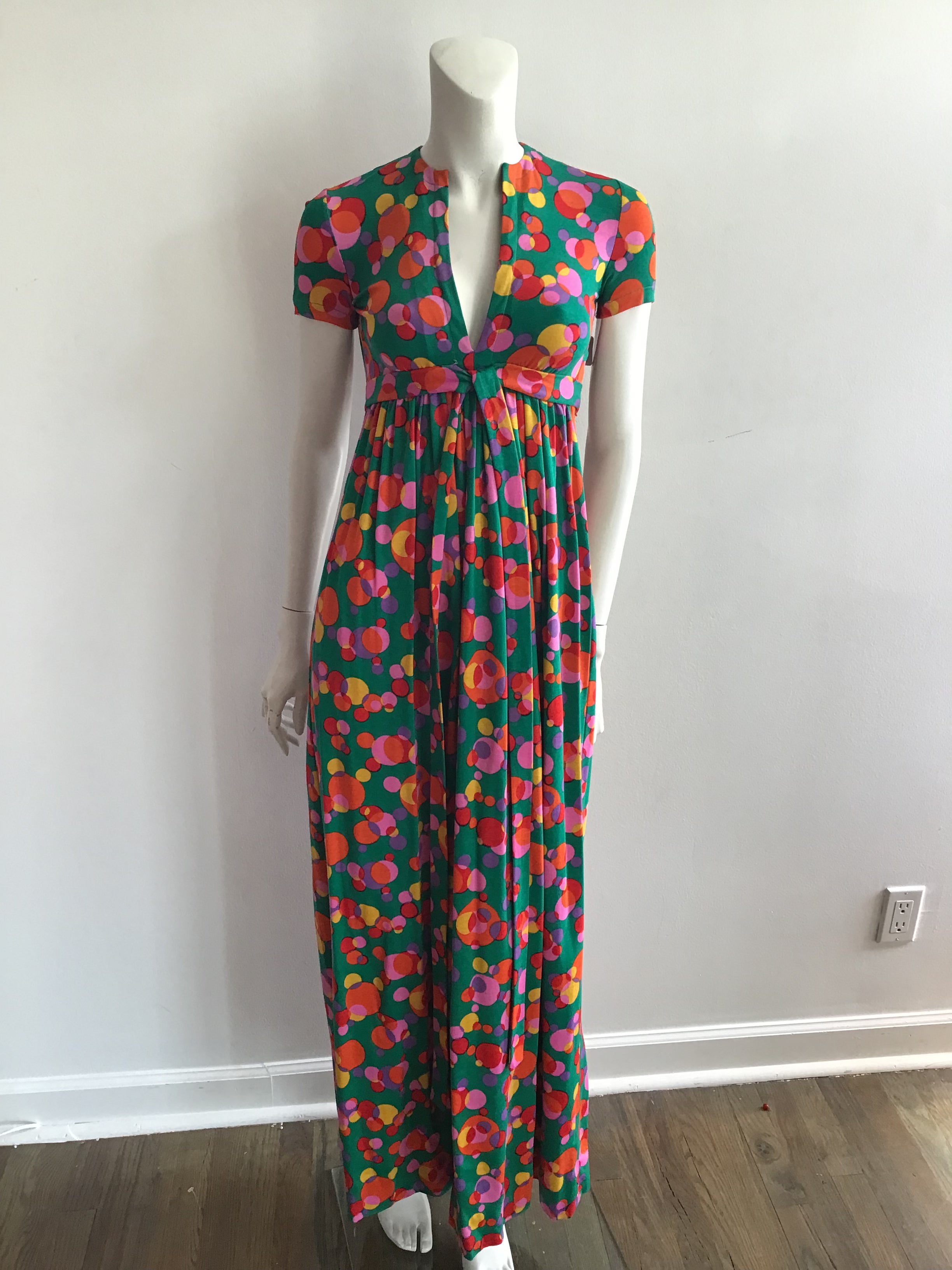 Late 1960's Printed Jersey Mulitolored Maxi Dress-4