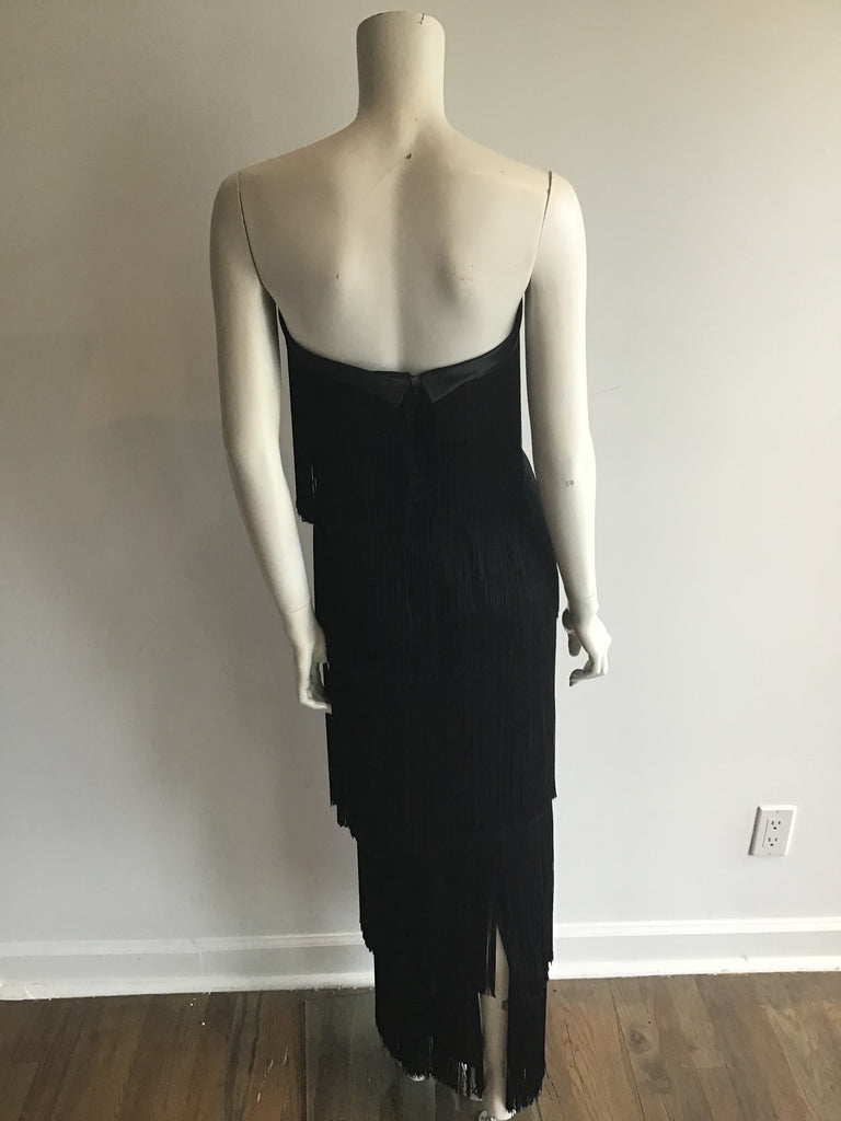1960s Rose Taft for Couture Black Fringe Evening Gown
