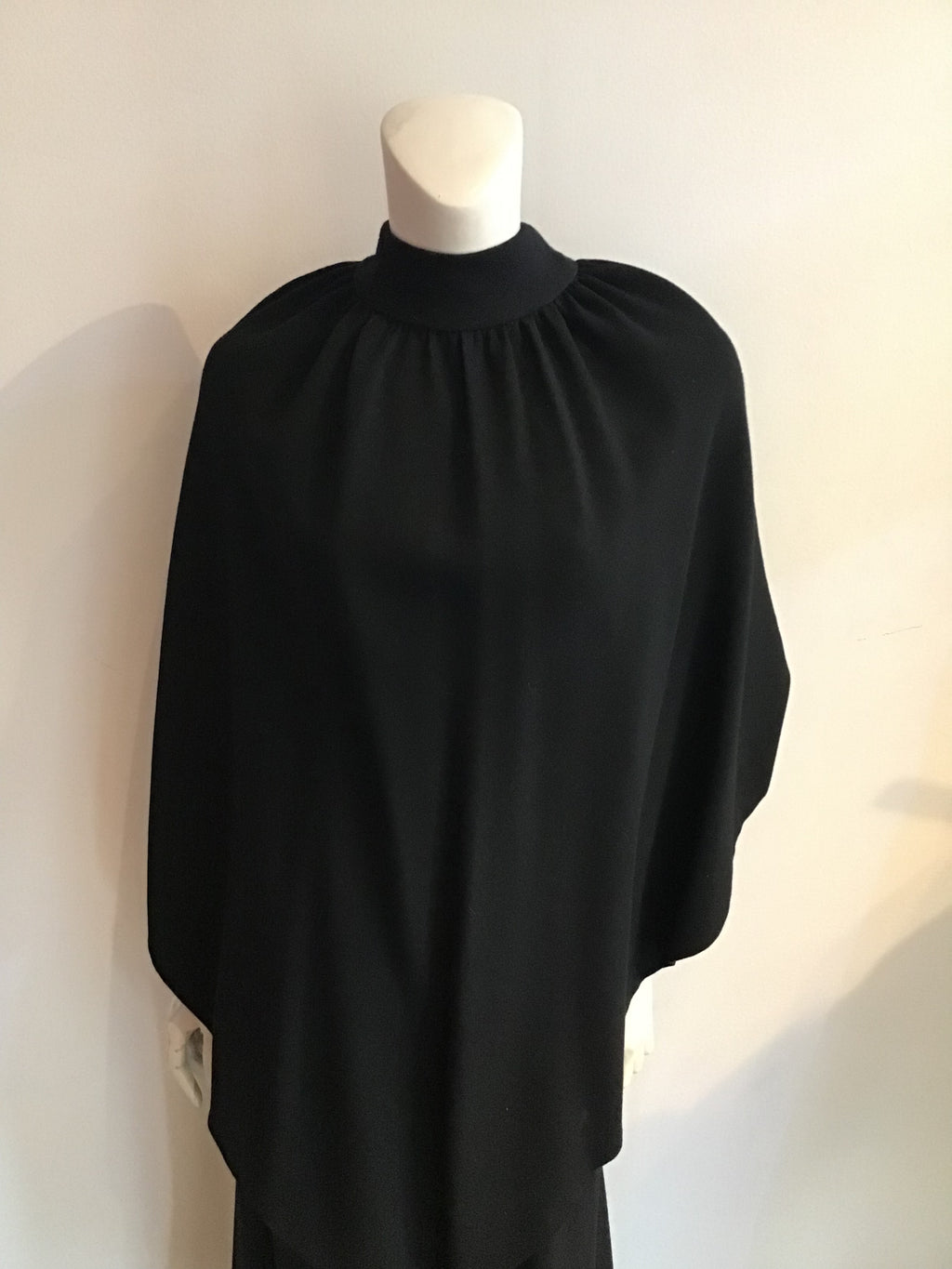 1960s Donald Brooks Black Wool blend Crepe Gown with Overlay Capelet -Size 6