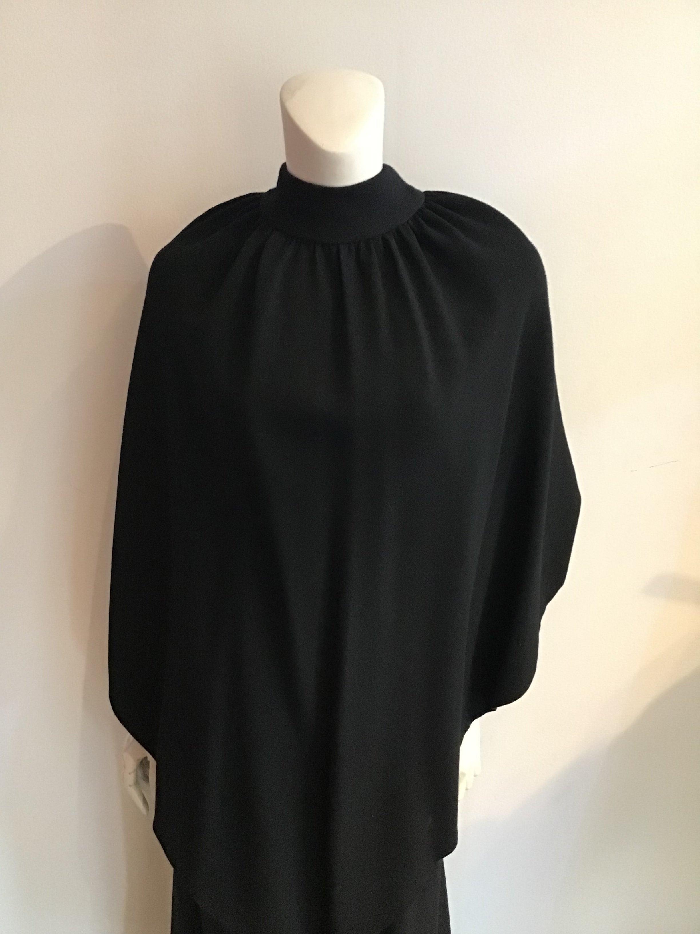 1960s Donald Brooks Black Wool blend Crepe Gown with Overlay Capelet -Size 6