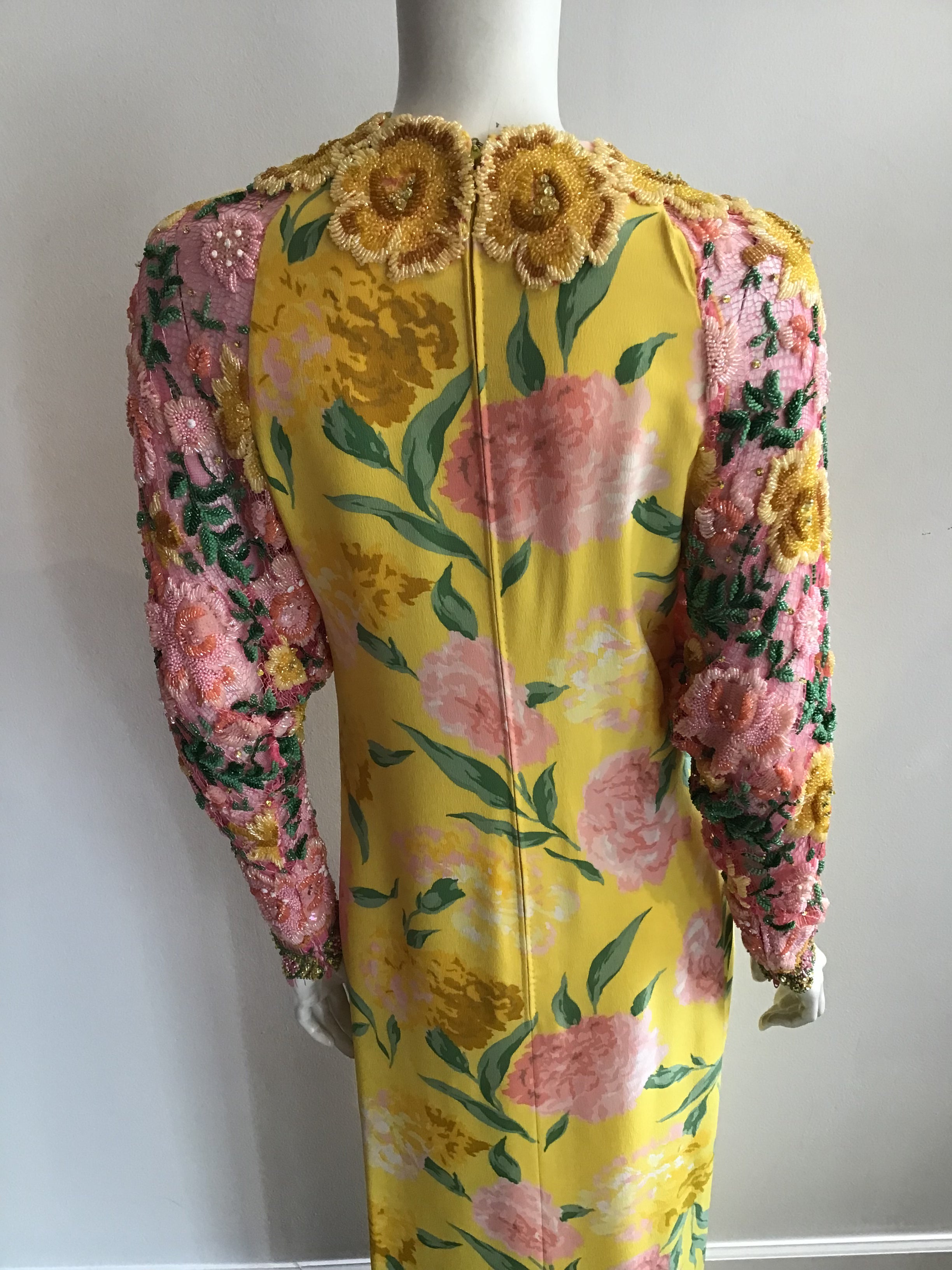 1980s Galanos Yellow Printed Evening Gown