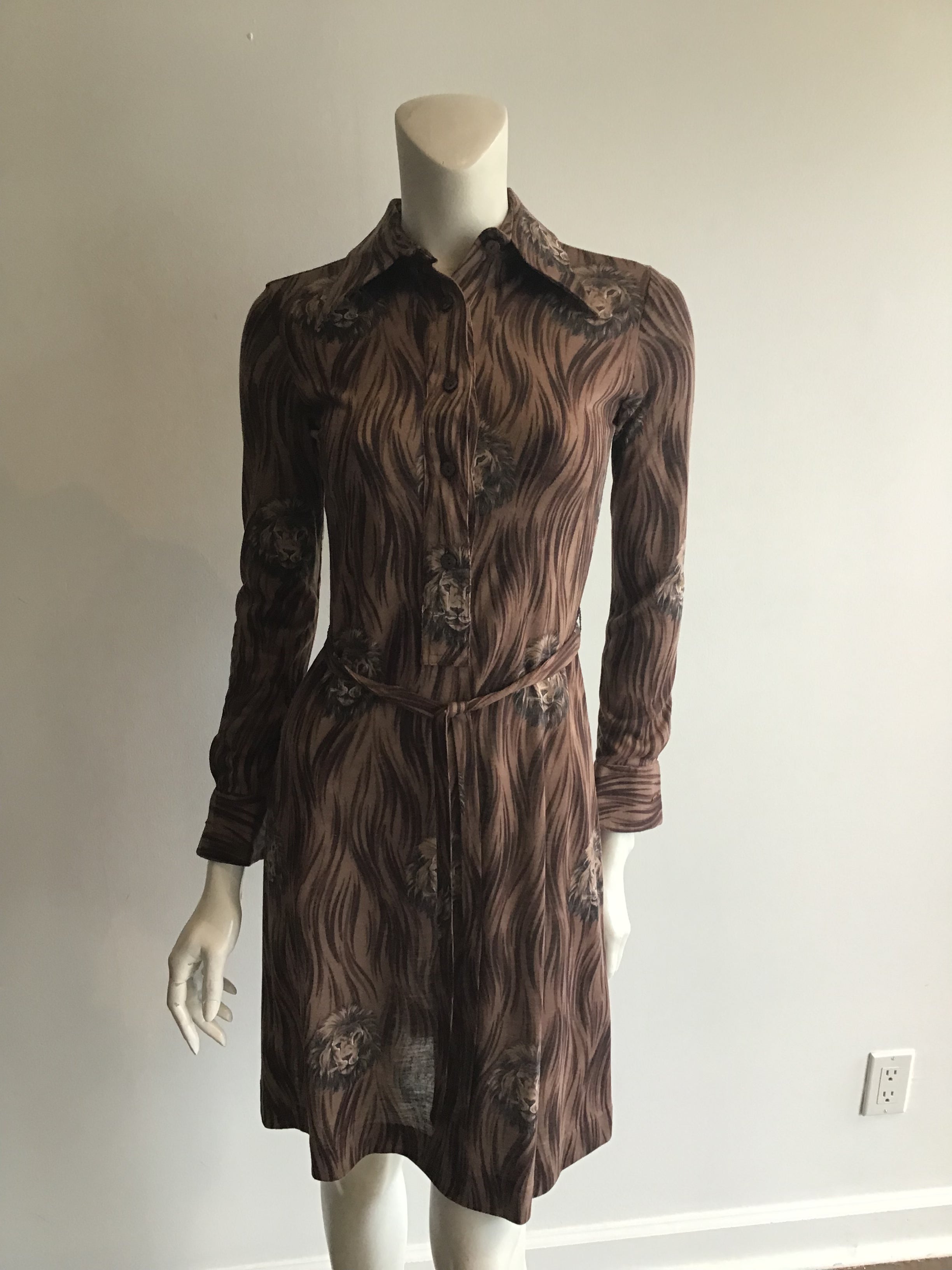 1970's Saint Clair for Thayer Brown Printed Dress with Lions