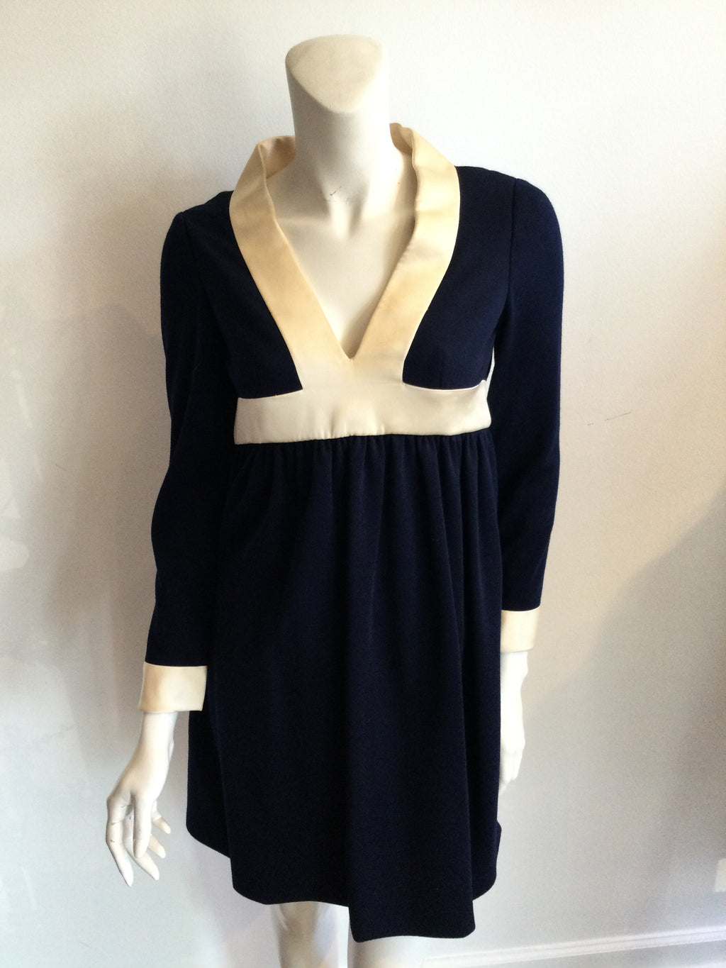 1960s Geoffrey Beene Navy Blue Wool  with white trim mini dress 
