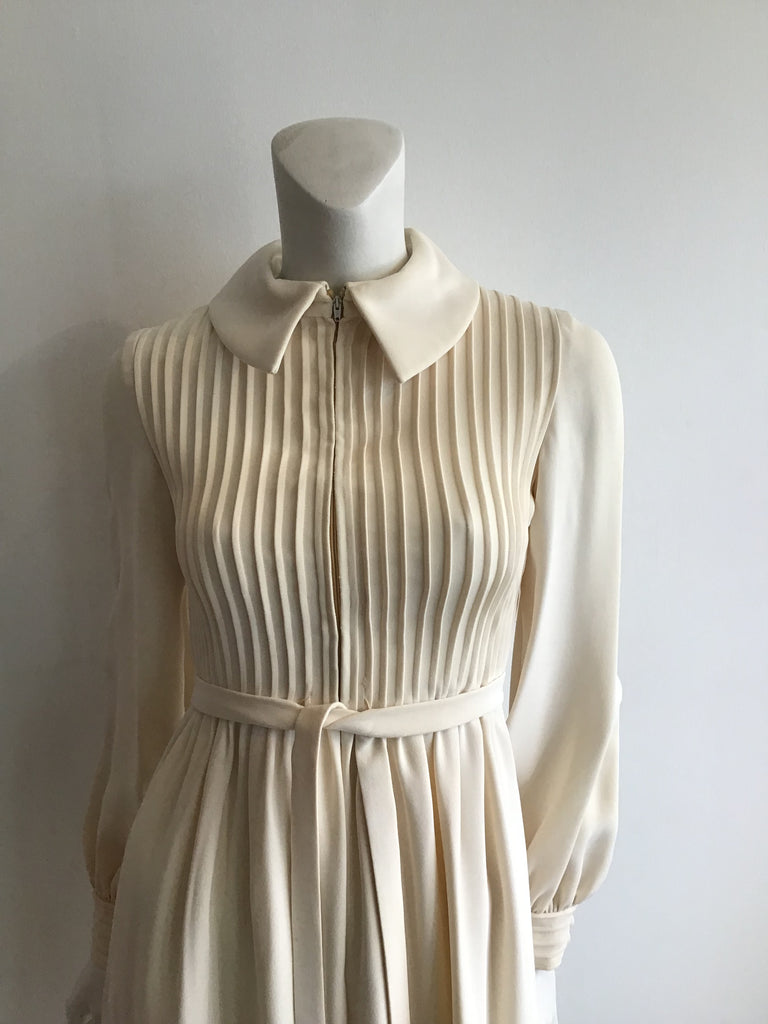 1960s Cream Pleated Front Wool blend Day Dress-size 6