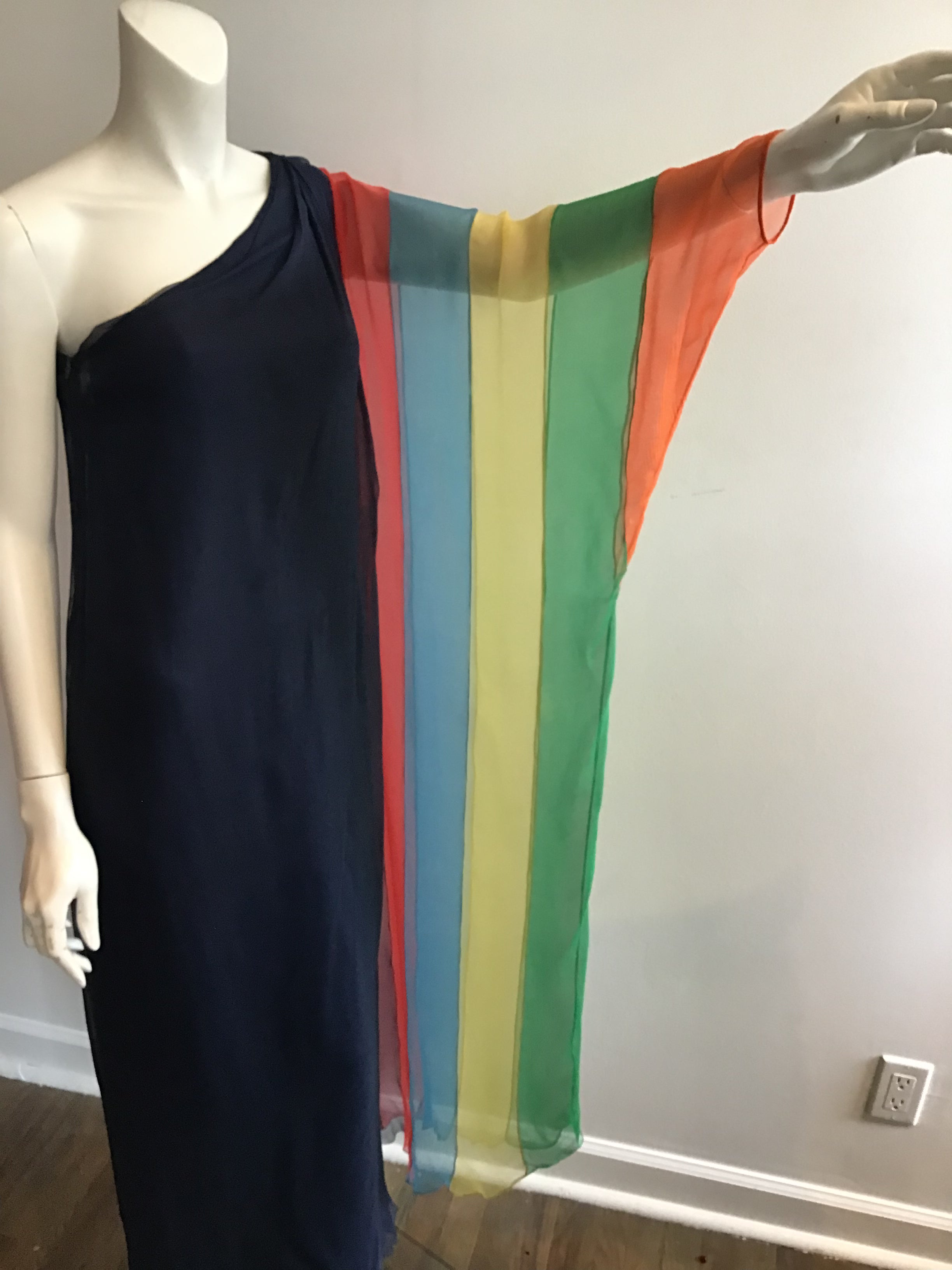 1960s Galanos Navy Chiffon One Shoulder Evening Gown