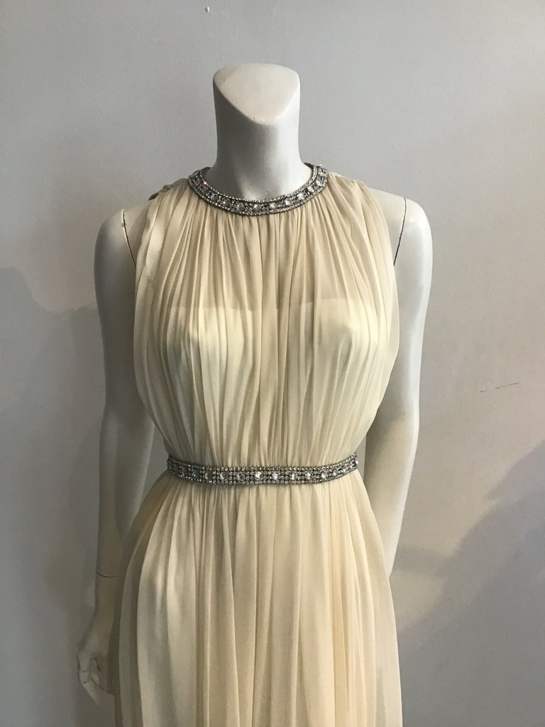 1960's Miss Winston Ivory Silk Chiffon with Rhinestone Trim Evening Dress-size 4/5