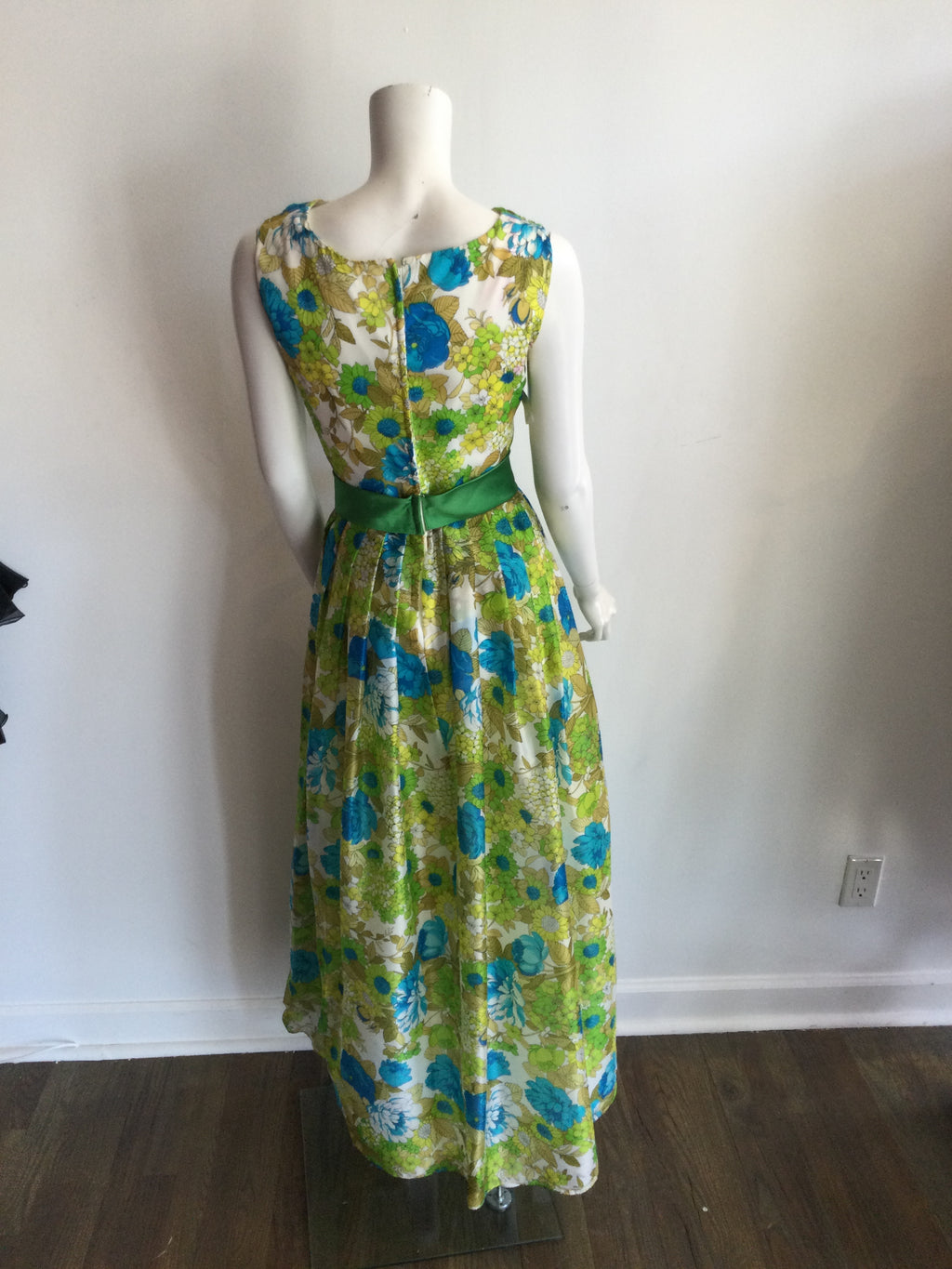 1960s Blue and Yellow Floral  Polyester Printed long Dress-size 7/8