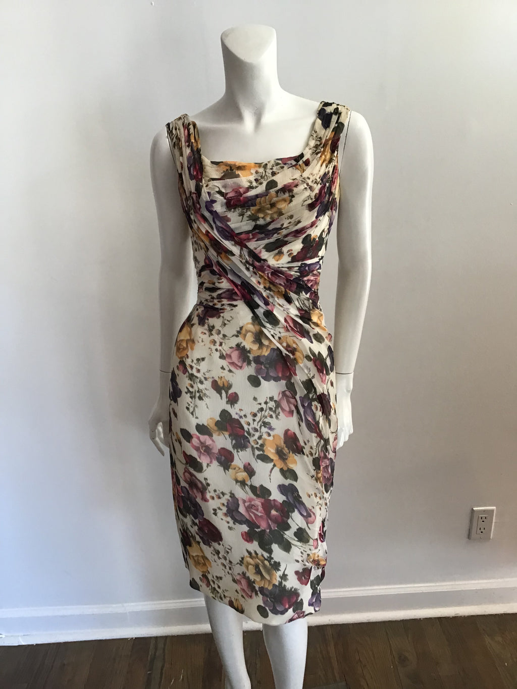 1950s Ceil Chapman Cream Floral Silk Chiffon Cocktail Dress-size 6