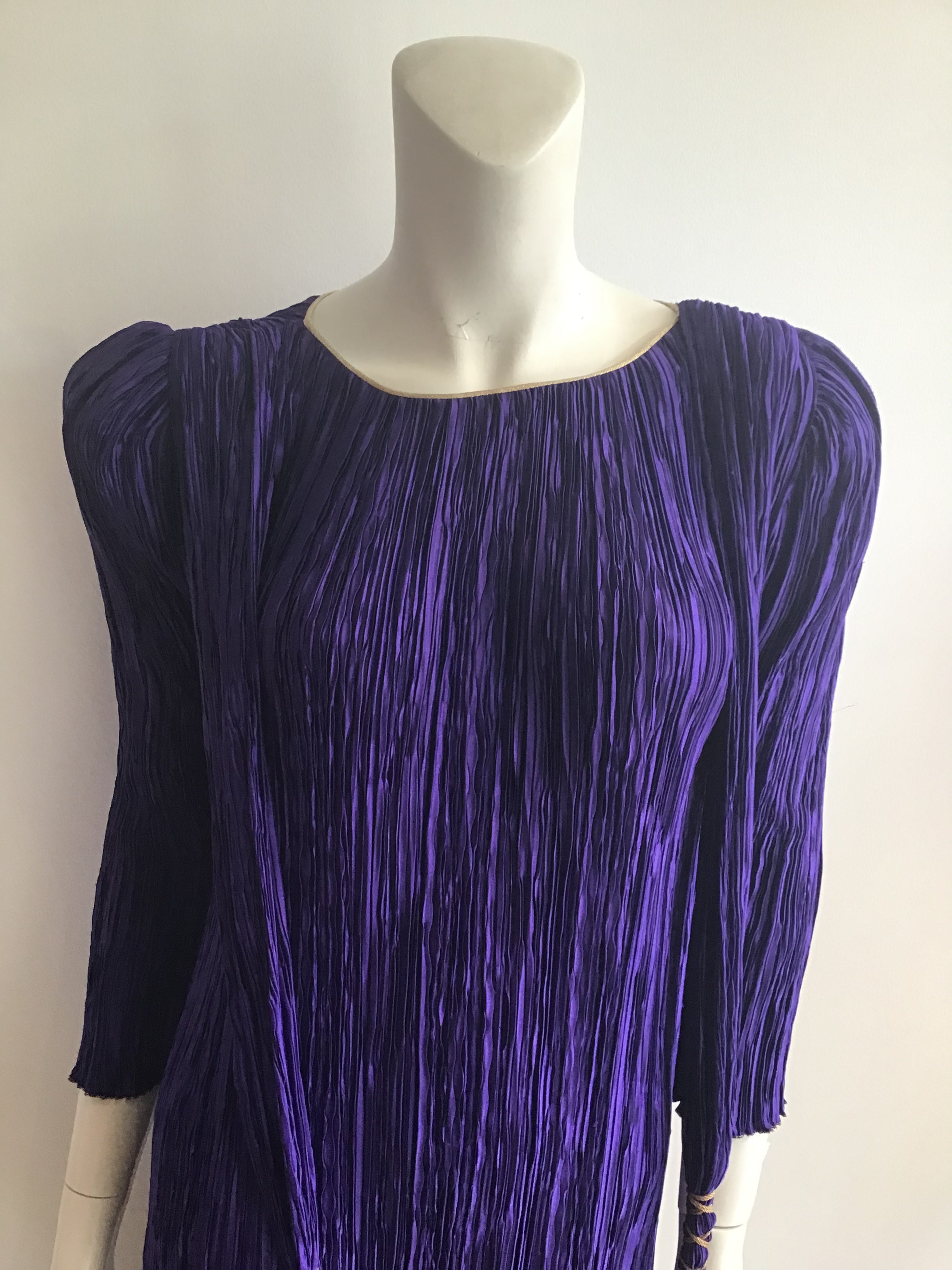 1980's Mary McFadden Couture Royal Purple Silk Pleated Gown with gold detailling -size 6