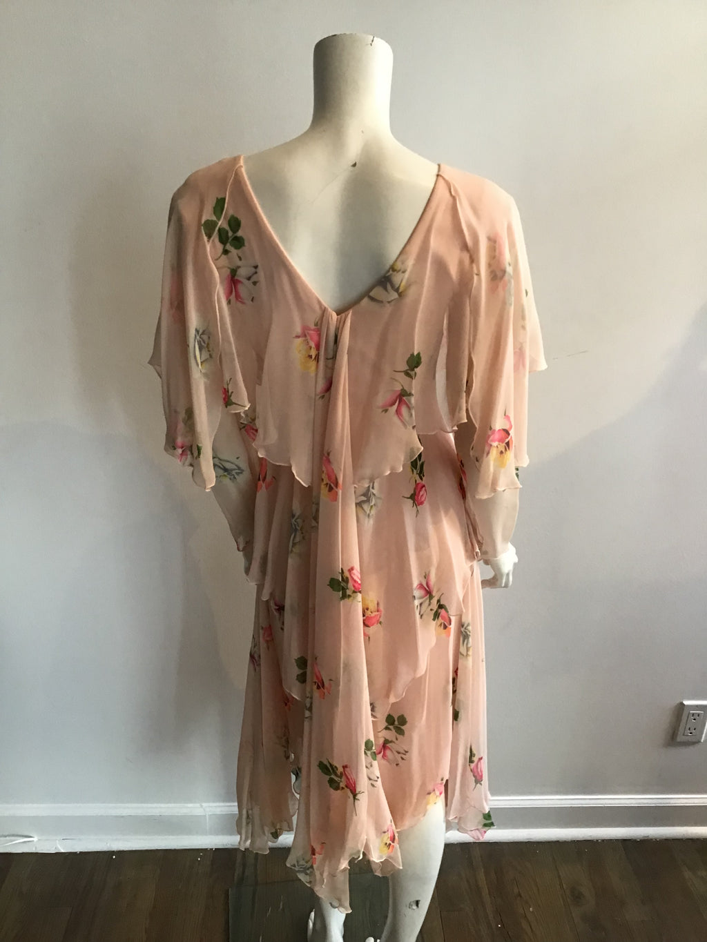 1980's Holly Harp Silk Chiffon Pink Floral Tiered Dress Size 8/9