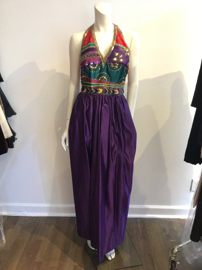 1980s victoria royal beaded purple halter dress
