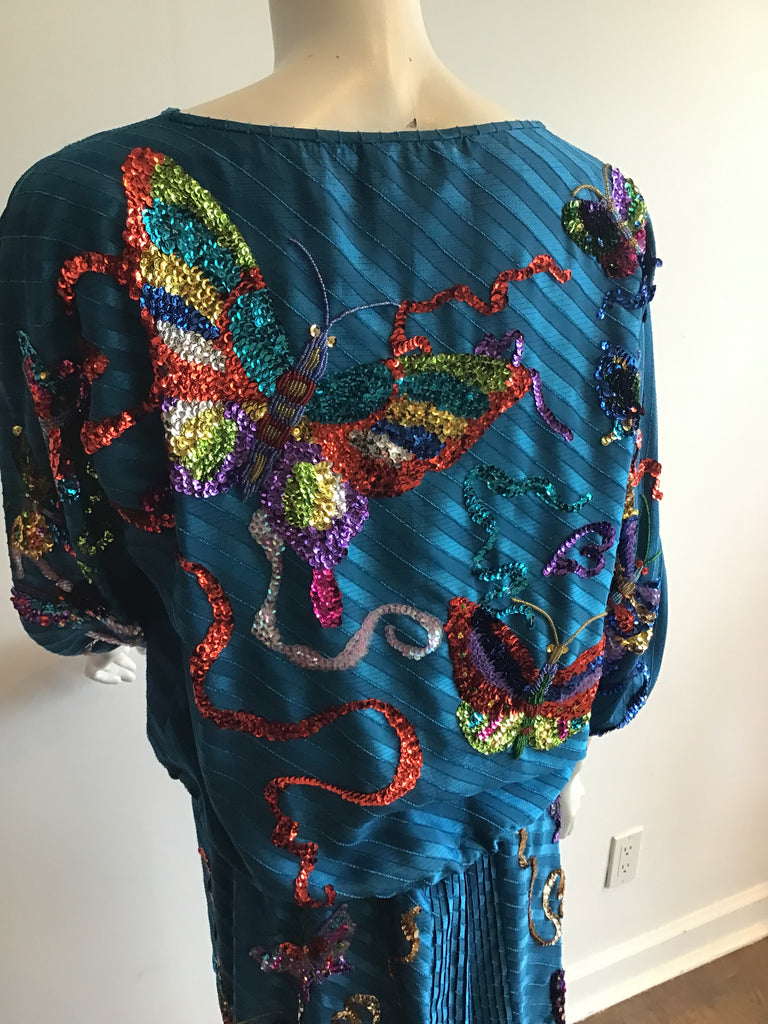 1980's Diane Fréis 2 piece Teal Butterfly Sequined Dress Size 12
