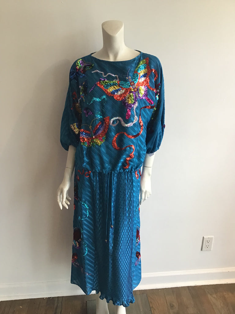 1980s Diane Fréis 2 piece Butterfly Sequined Dress