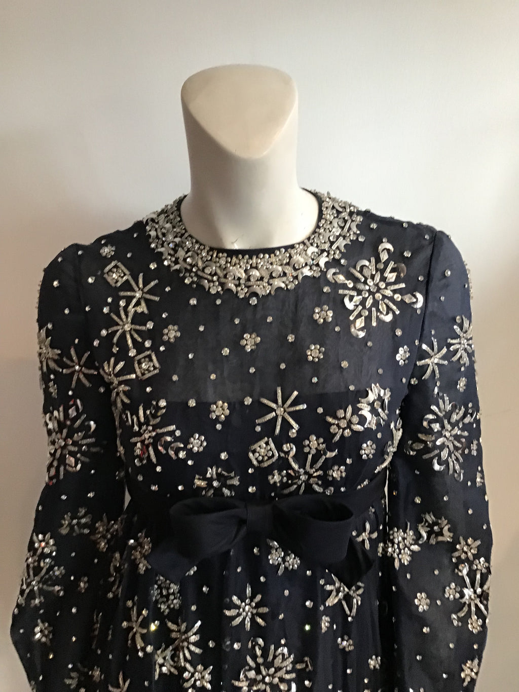 1960s  Blue Organza beaded Evening Gown-2/4