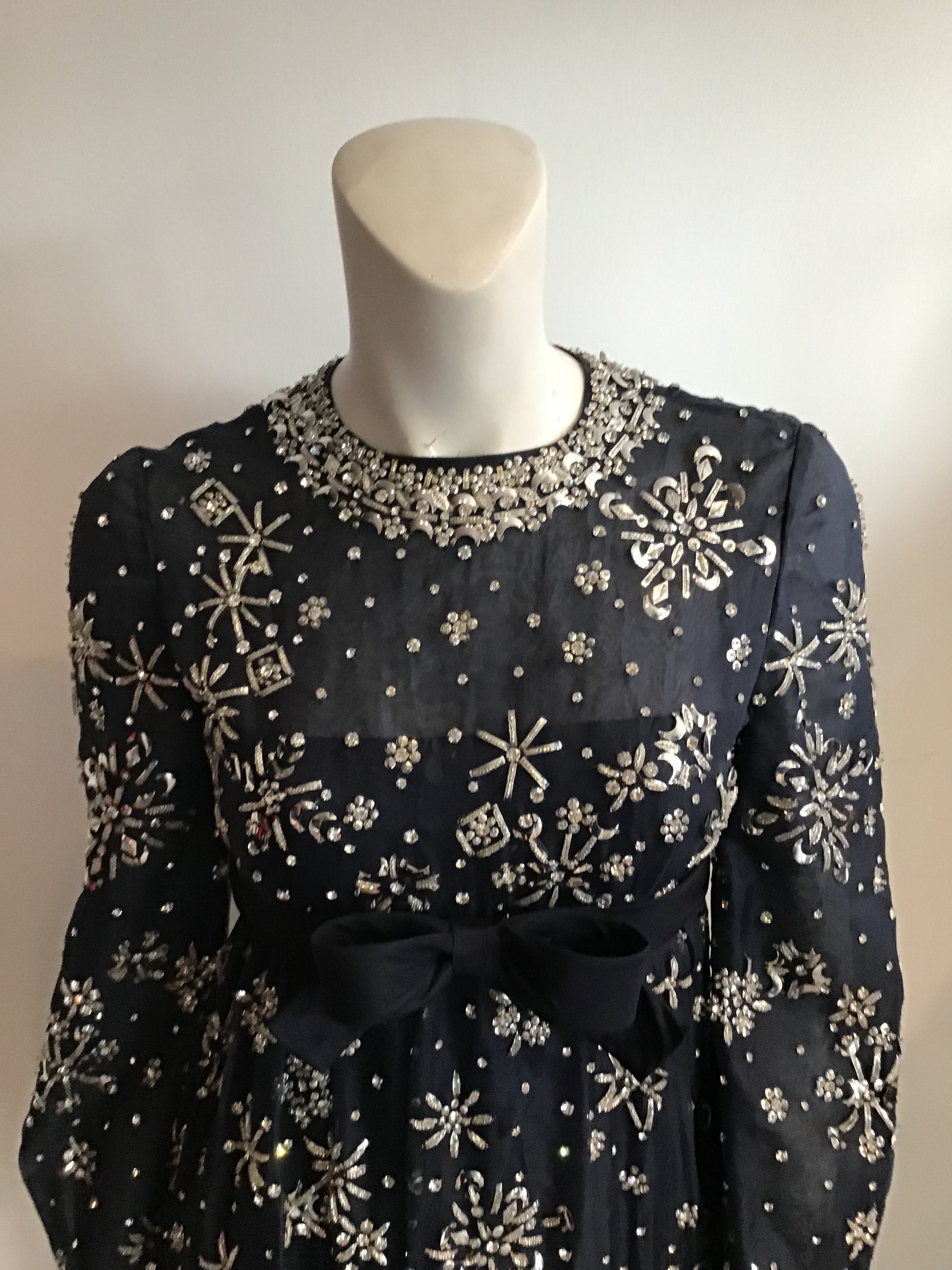 1960s  Blue Organza beaded Evening Gown-2/4