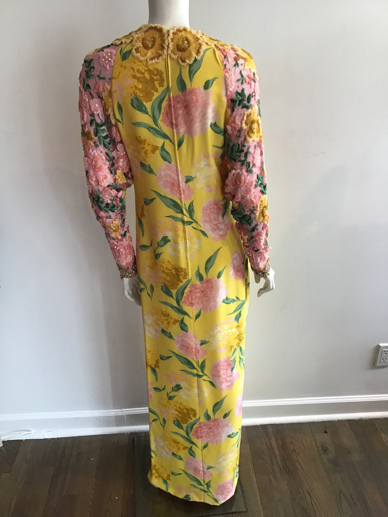 Galanos Beaded sleeves and collar silk chiffon yellow floral gown
