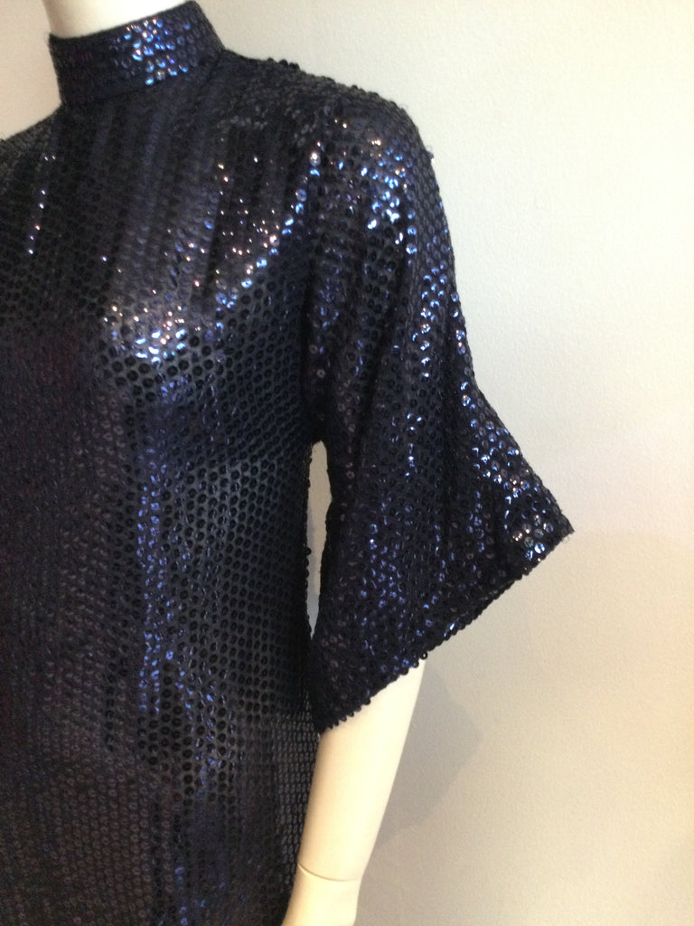1970s Navy  Blue Sequined Molly Parnis gown