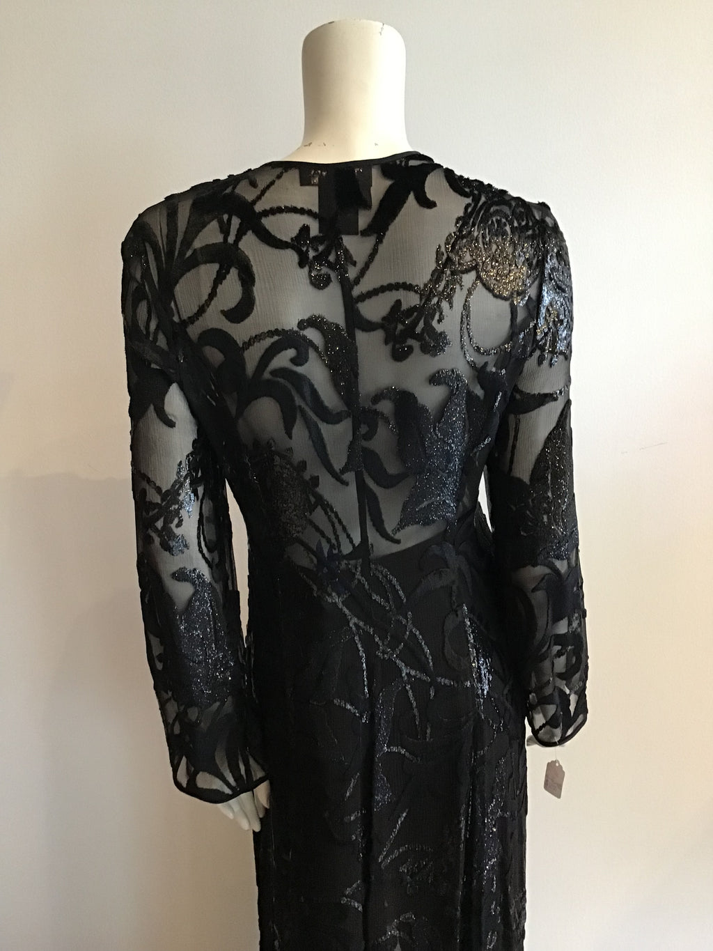 1990s Escada Black  Long Silk burnout velvet Tunic and Silk Pants Size 8