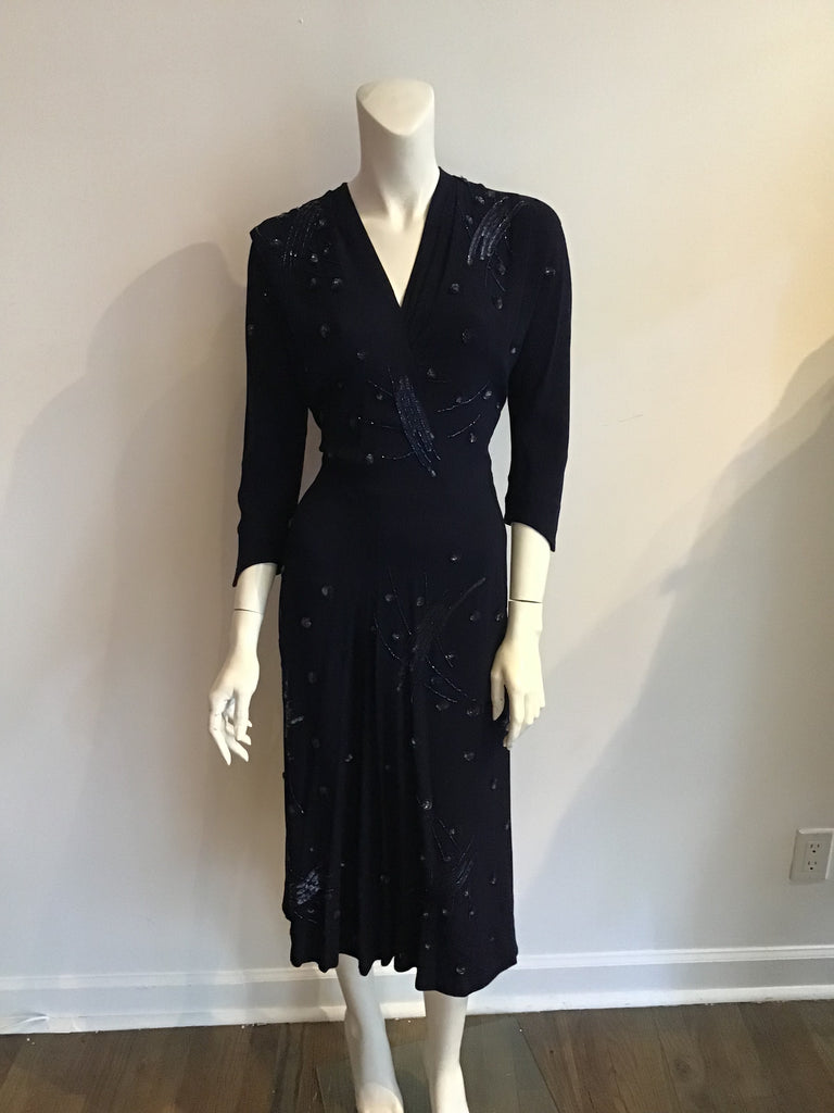 Vintage 1940s Dark Blue Silk Crepe Dress with sequins and beading 