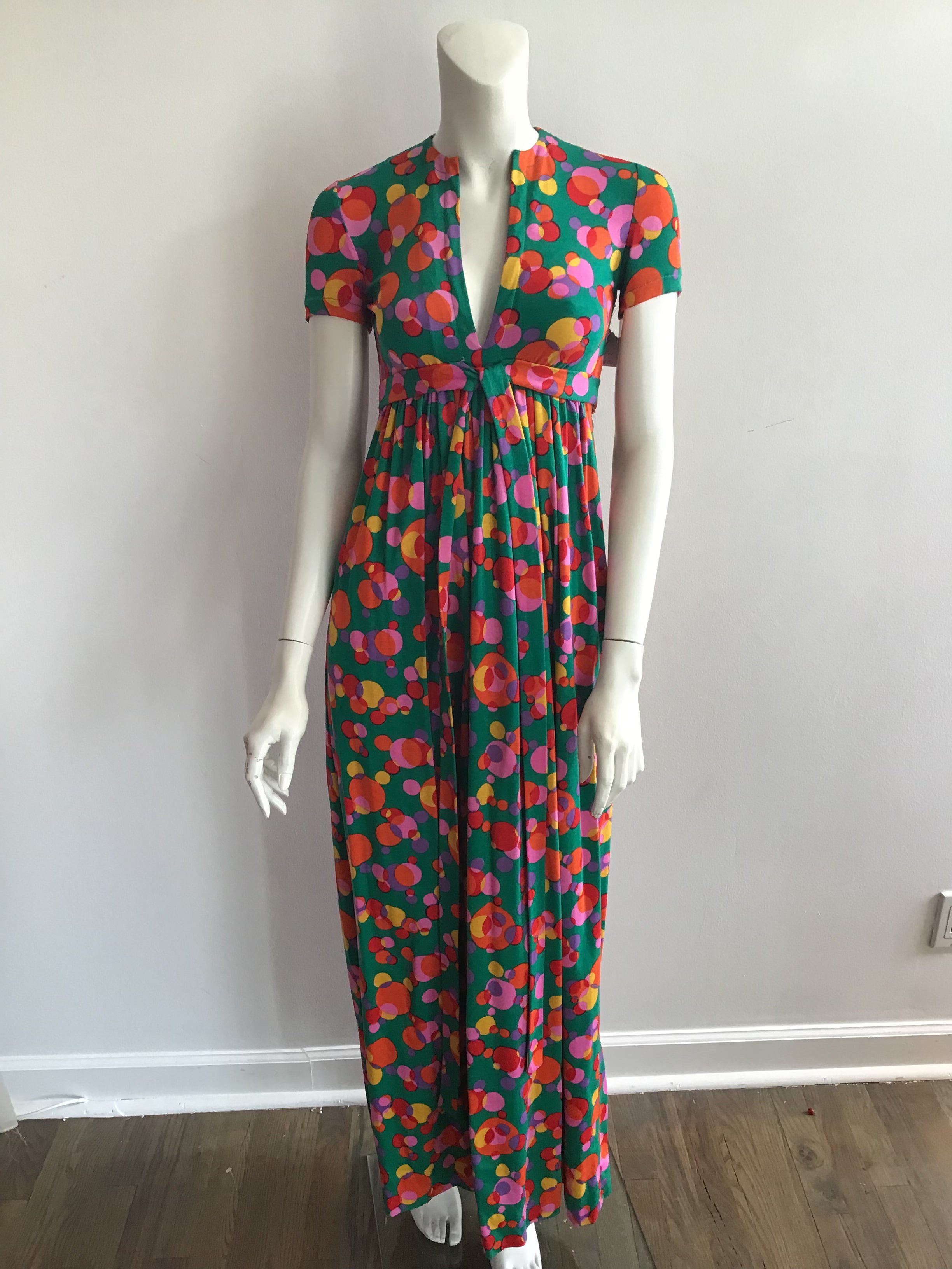 Late 1960's Printed Jersey Mulitolored Maxi Dress-4