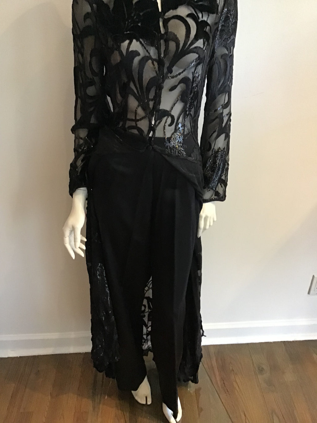 1990s Escada Black  Long Silk burnout velvet Tunic and Silk Pants Size 8