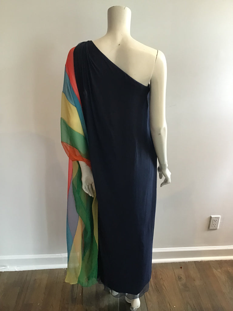 1960s Galanos Navy Chiffon One Shoulder Evening Gown